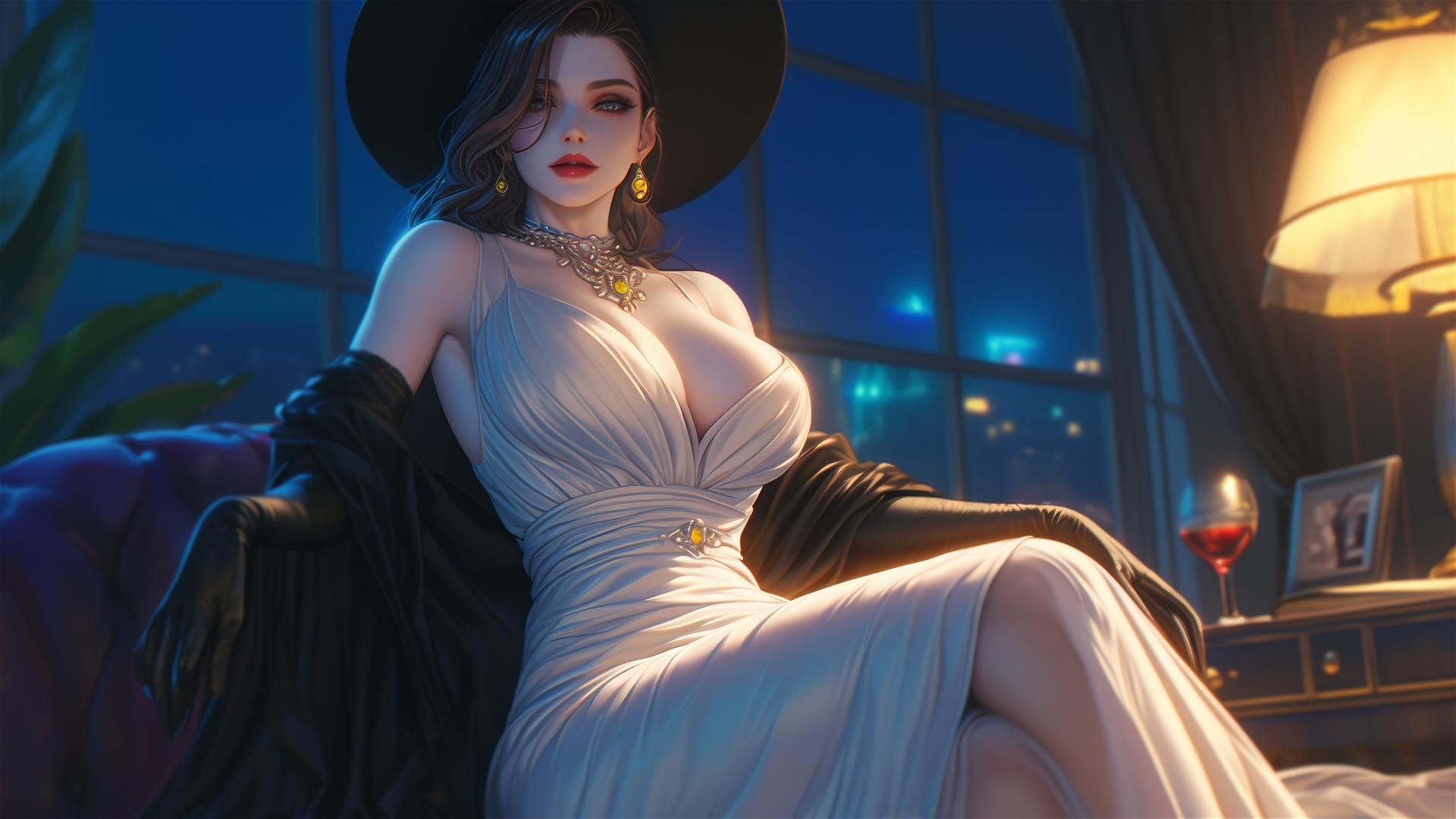 Lady Dimitrescu resting on modern hotel bed in moonlight