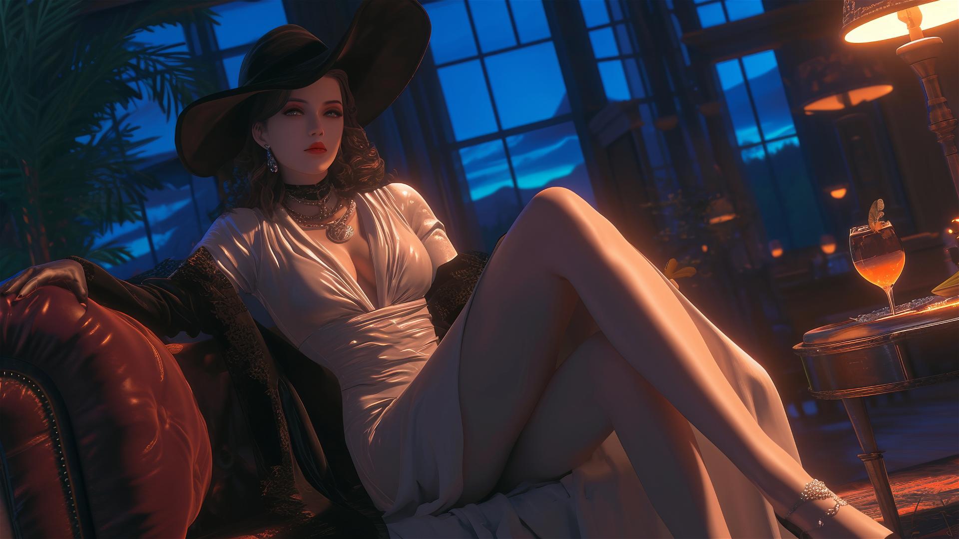 Lady Dimitrescu resting on a modern hotel bed bathed in moonlight