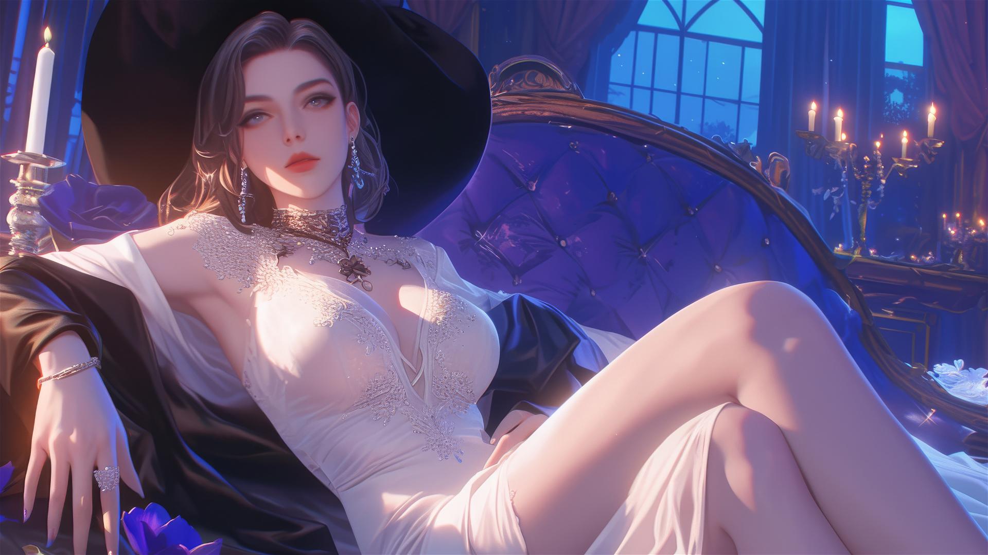 Lady Dimitrescu resting on a modern hotel bed with moonlight glow