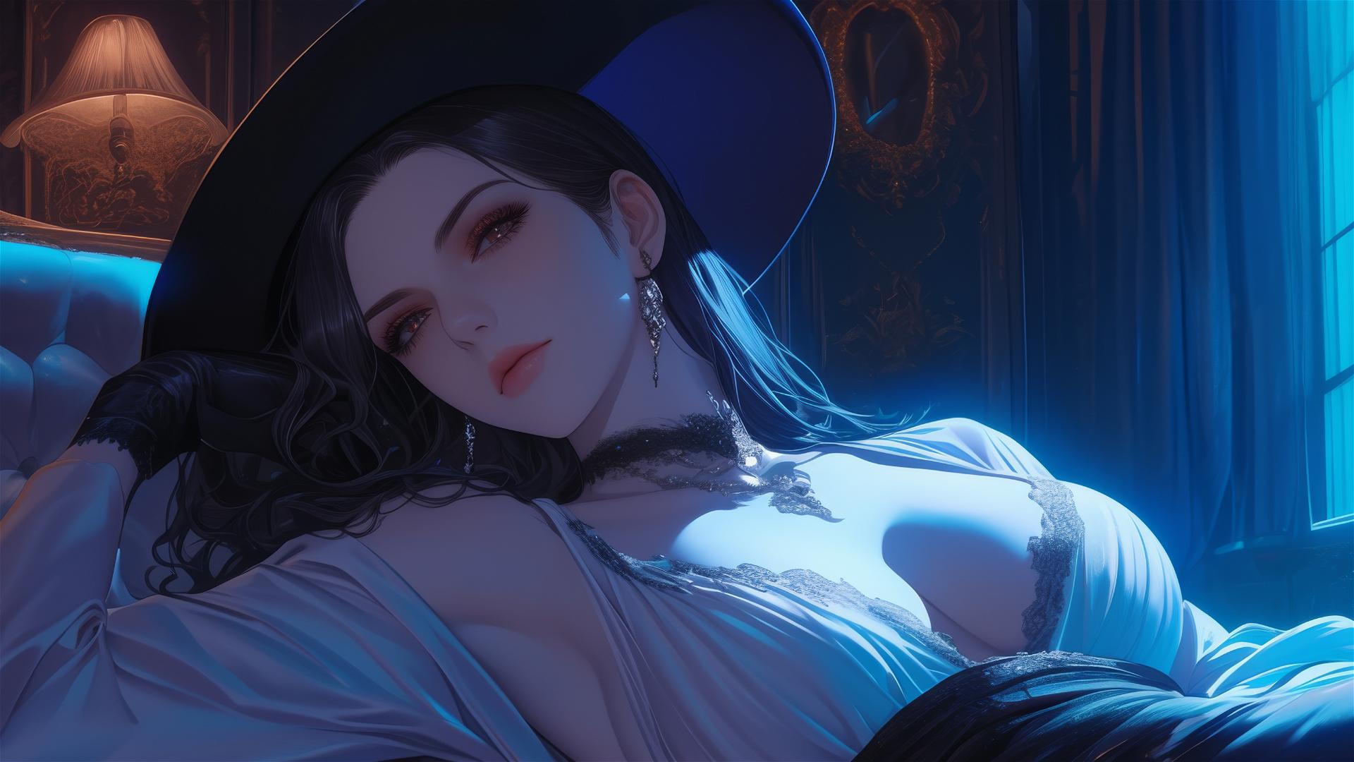 Lady Dimitrescu from Resident Evil resting on a modern hotel bed with moonlight glow
