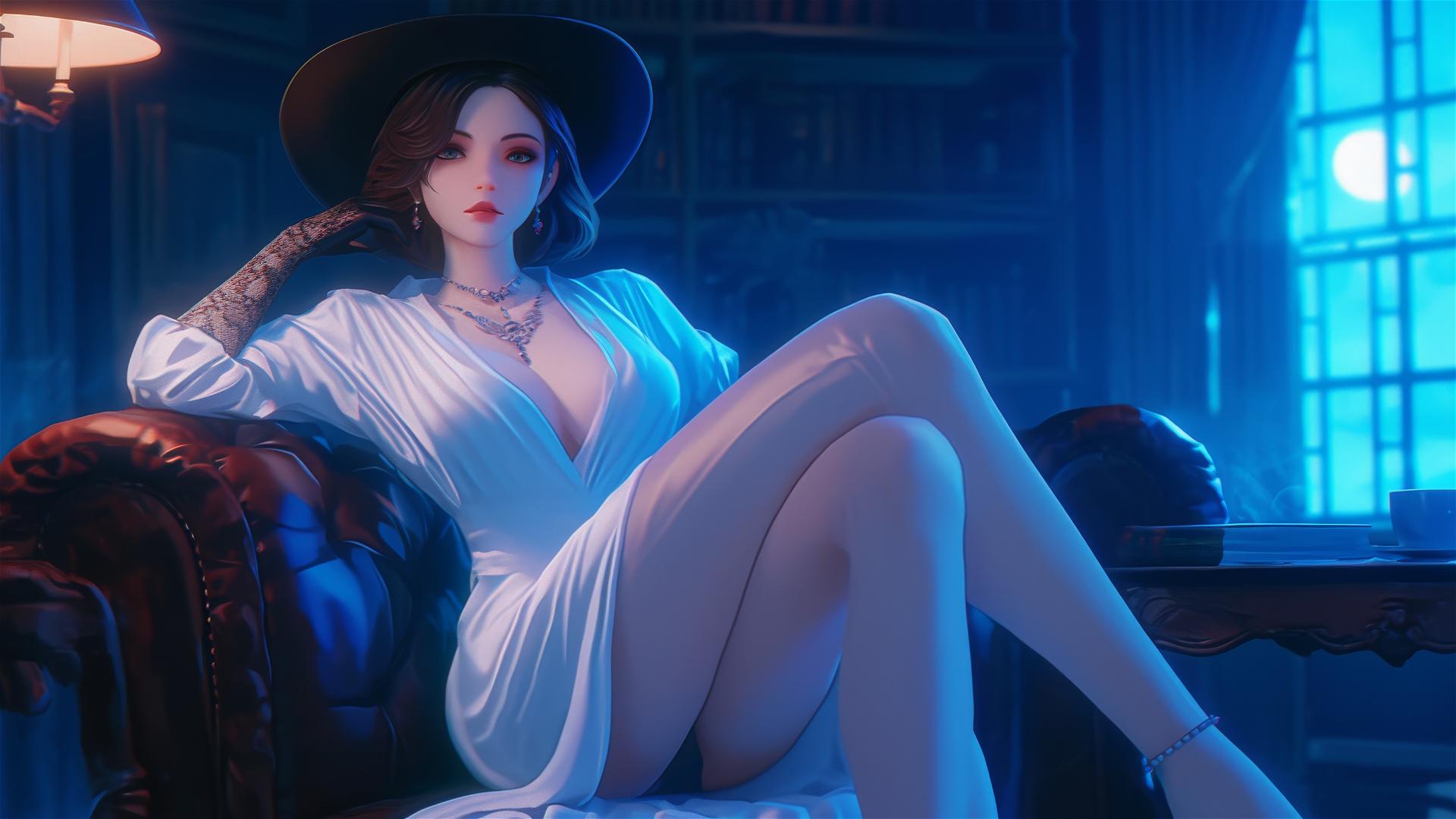 Lady Dimitrescu relaxing in a modern hotel room bathed in moonlight