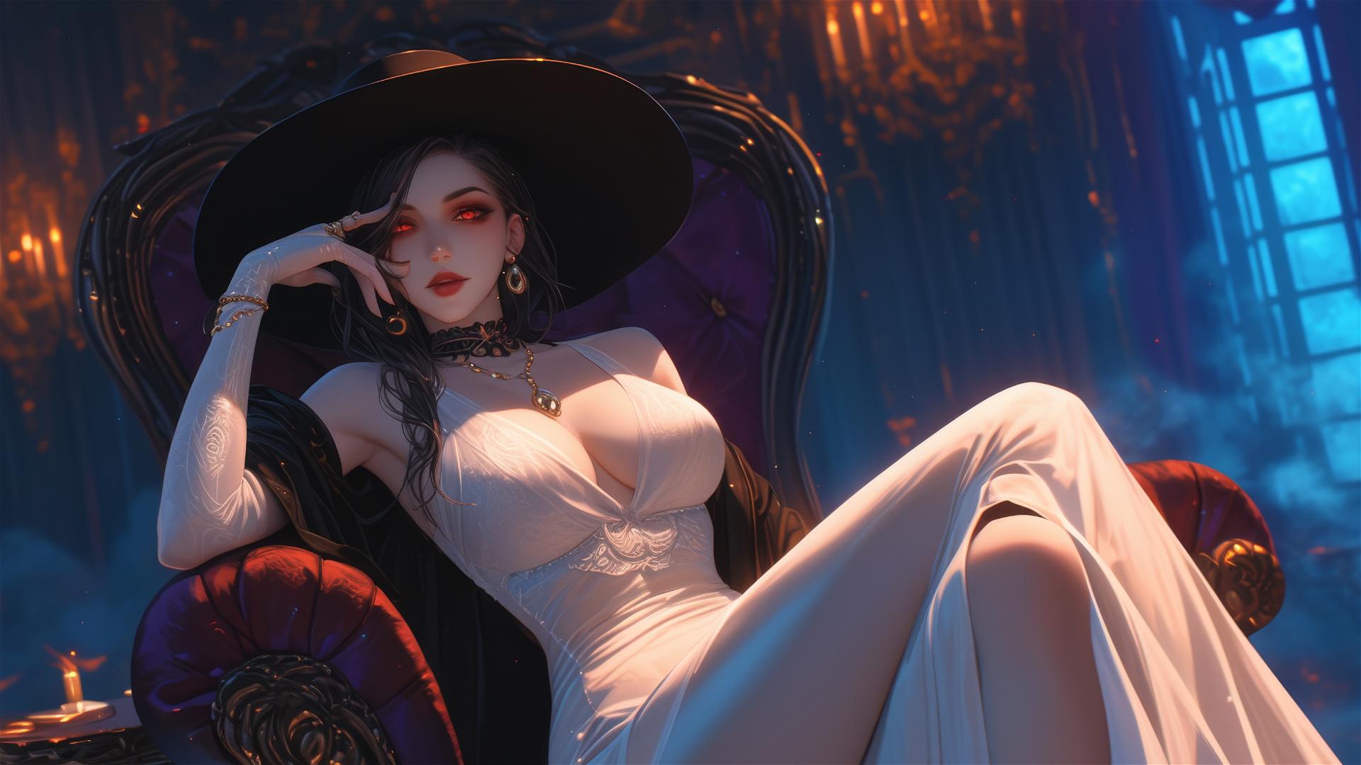 Lady Dimitrescu resting under red moonlight in gothic elegance