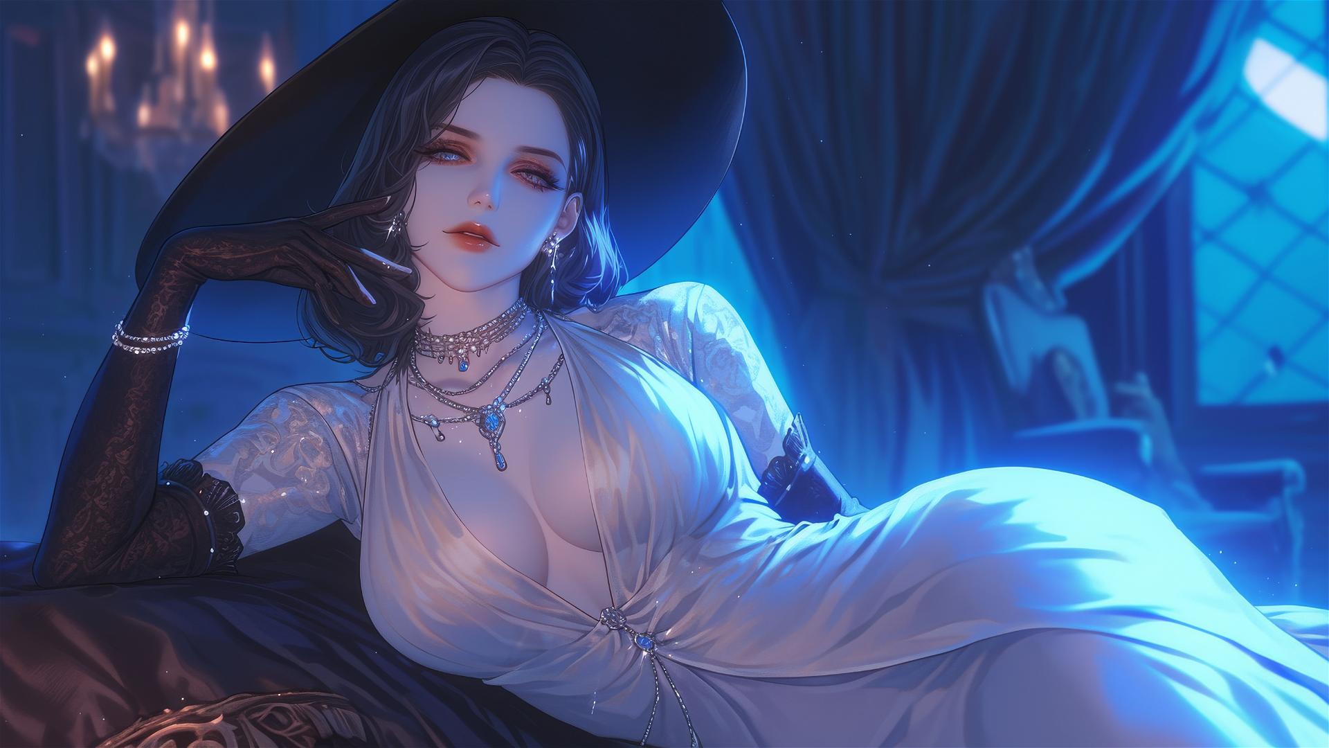 Lady Dimitrescu resting on a modern hotel bed with moonlight glow