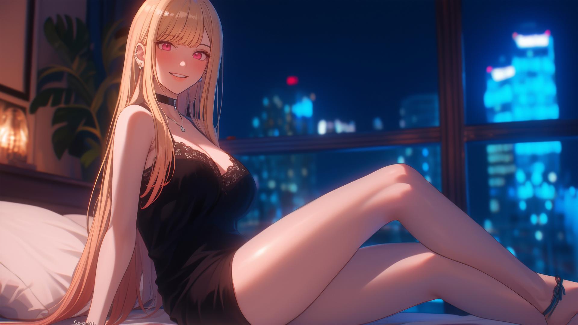 Marin Kitagawa sitting on a hotel bed with moonlight casting a glow