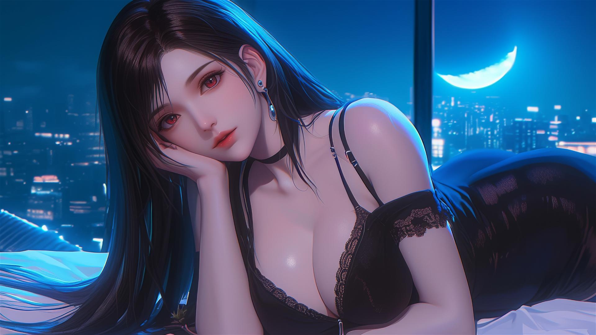 Tifa Lockhart in black pajamas, resting in her room under moonlight