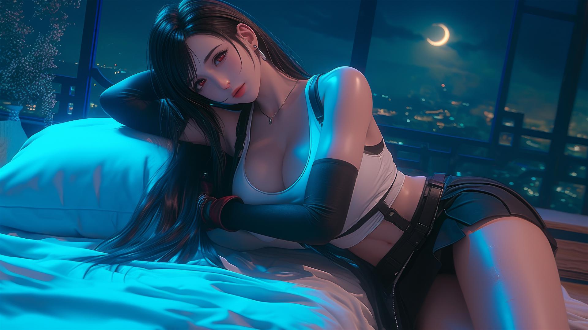 Tifa Lockhart resting under moonlight in her room