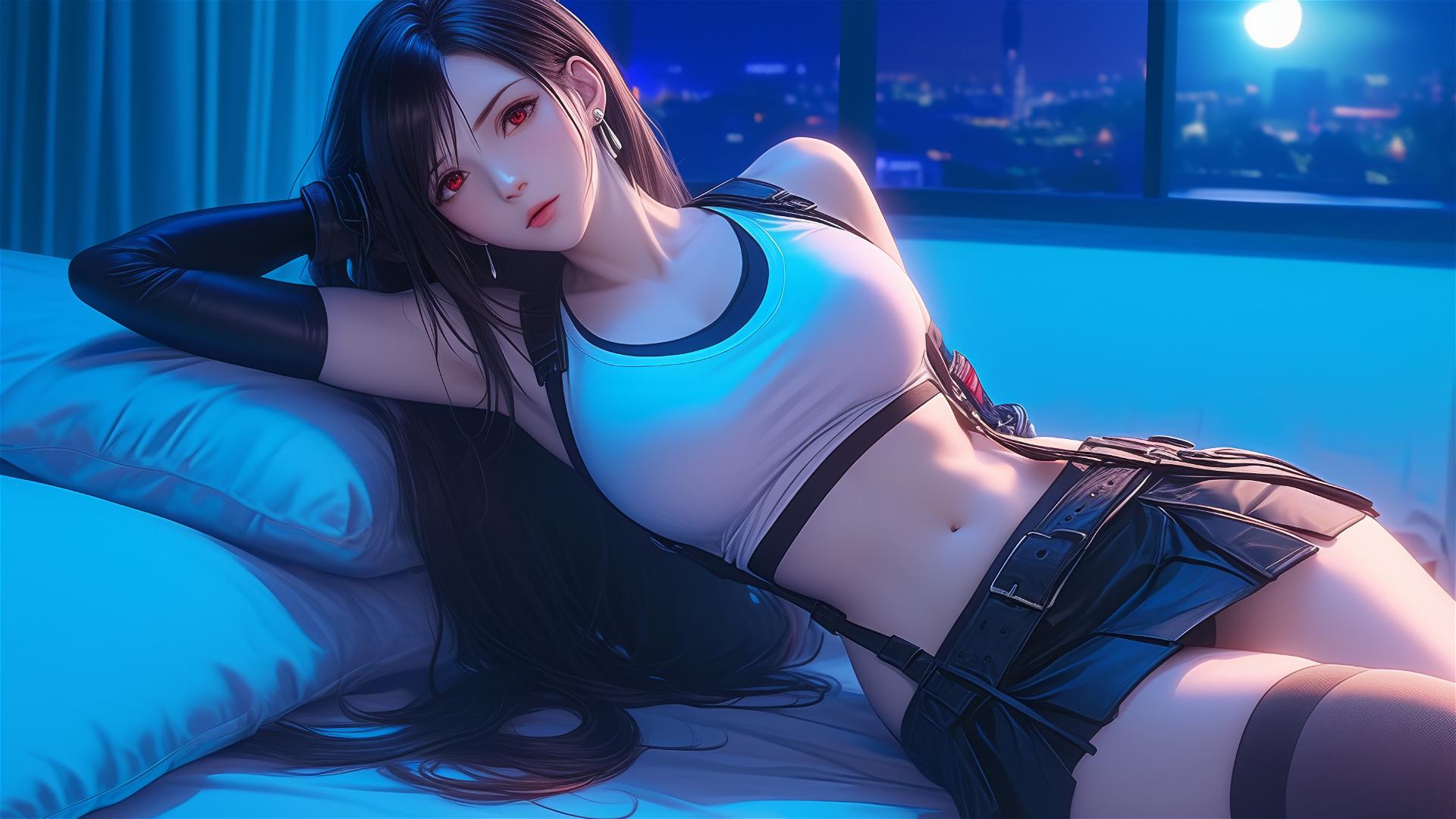 Tifa Lockhart resting in her room with moonlight casting a soft glow