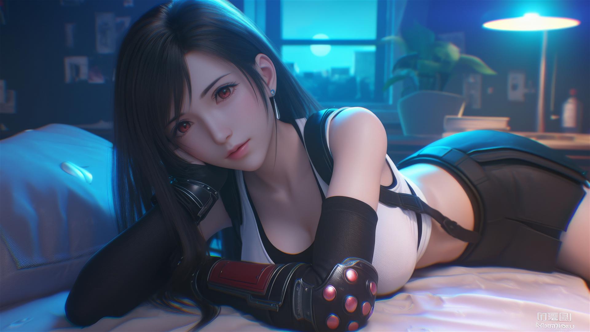 Tifa Lockhart resting in her room with moonlight glow.