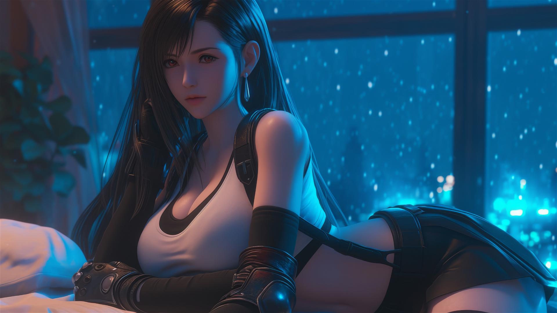 Tifa Lockhart relaxing in her room under moonlight glow
