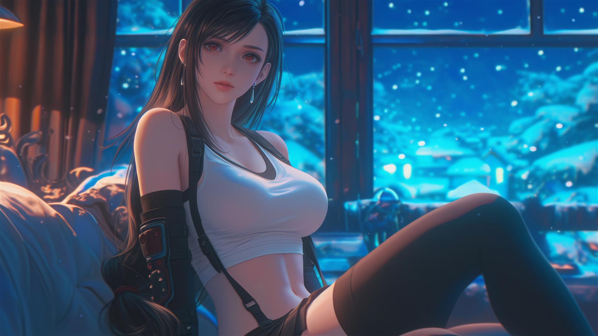 Tifa Lockhart resting in her room under moonlight.