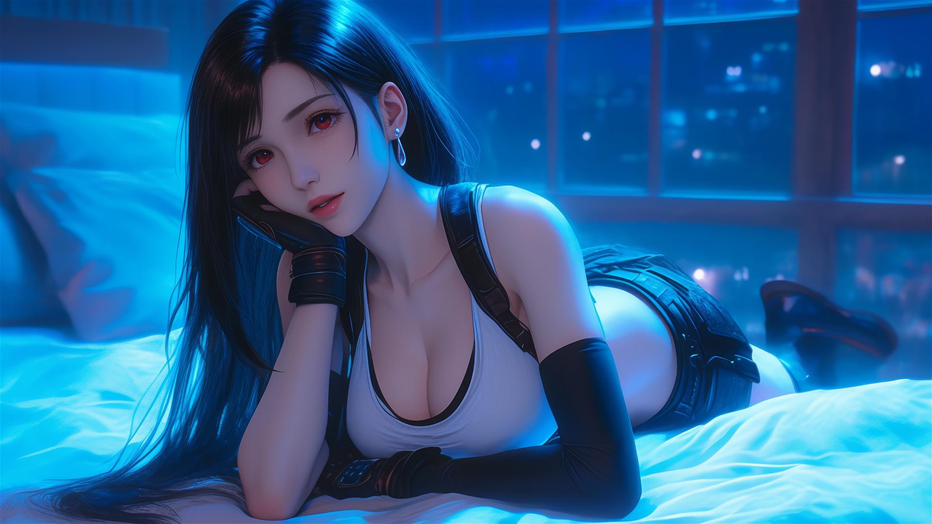Tifa Lockhart resting in her room, moonlight casting a soft glow.