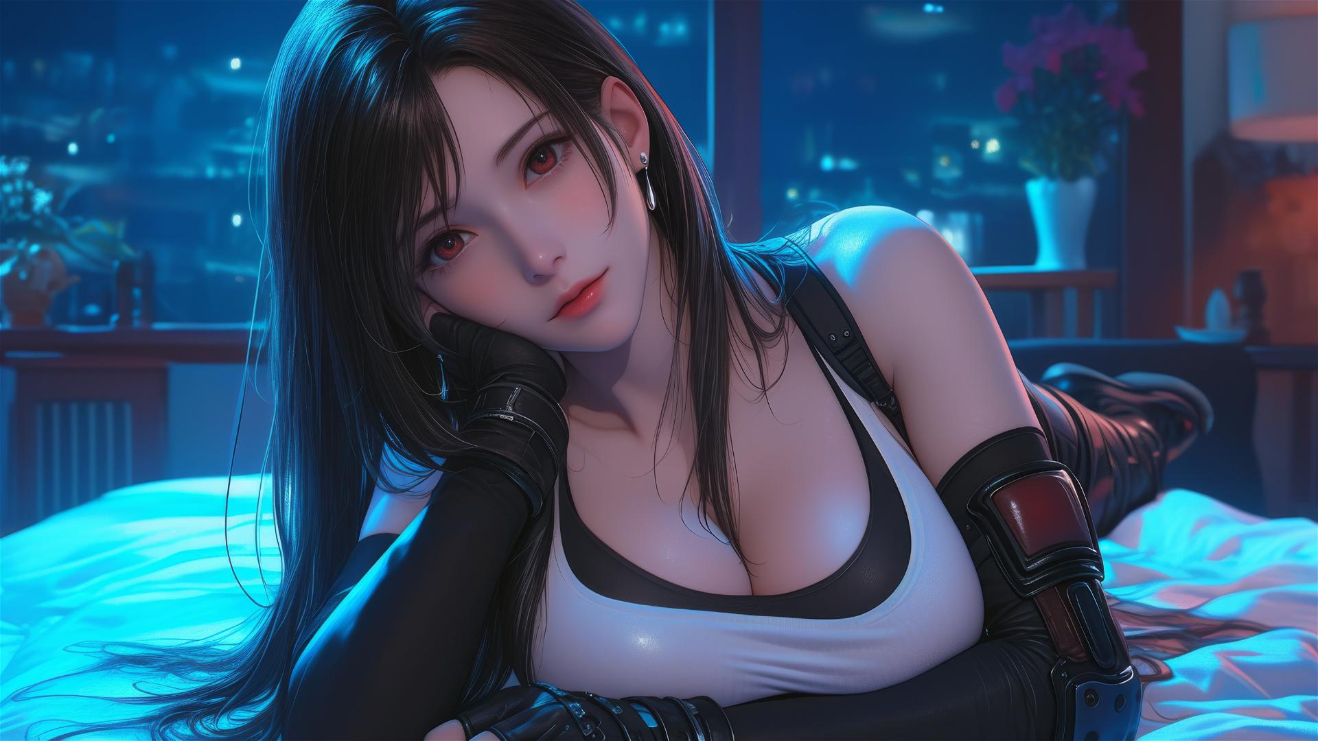 Tifa Lockhart resting in her room illuminated by moonlight.