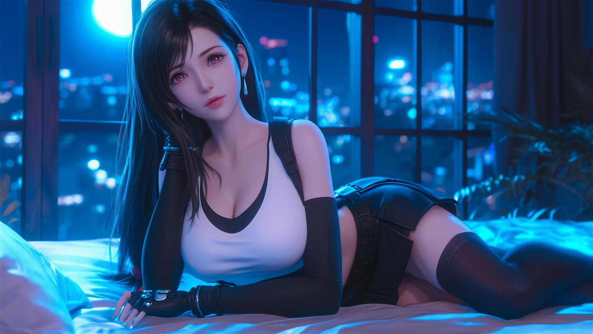 Tifa Lockhart resting in her room, moonlight glow on her figure