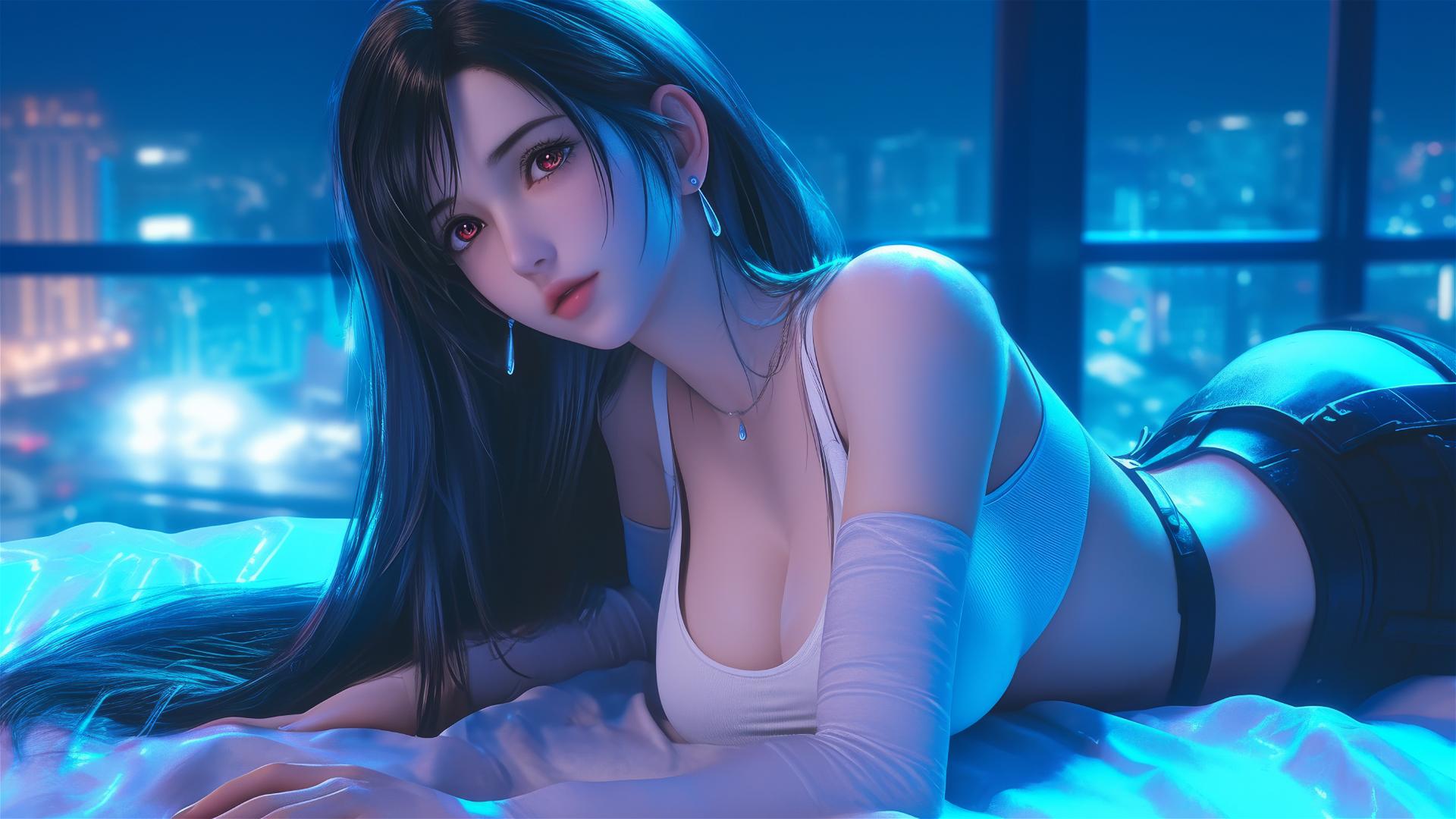 Tifa Lockhart resting in her room with moonlight glowing on her.