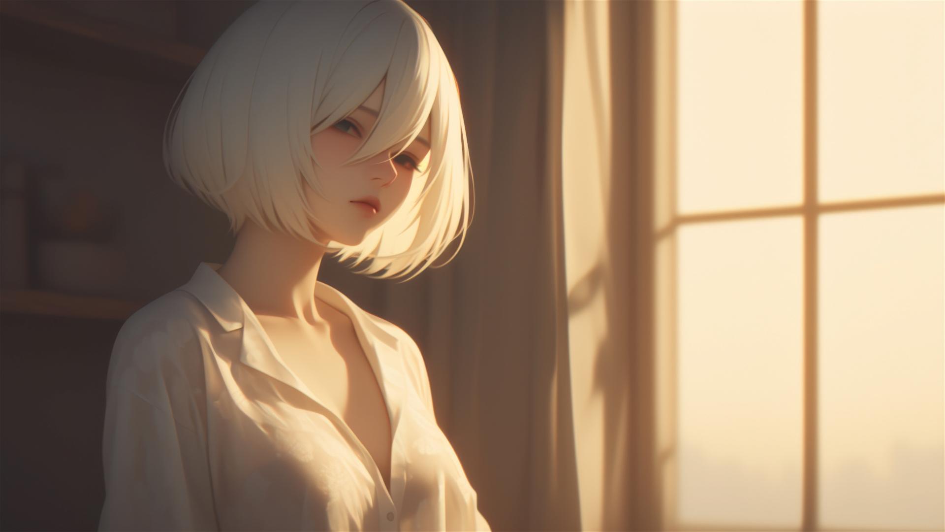 2B from Nier in white silk pajamas by window at sunrise