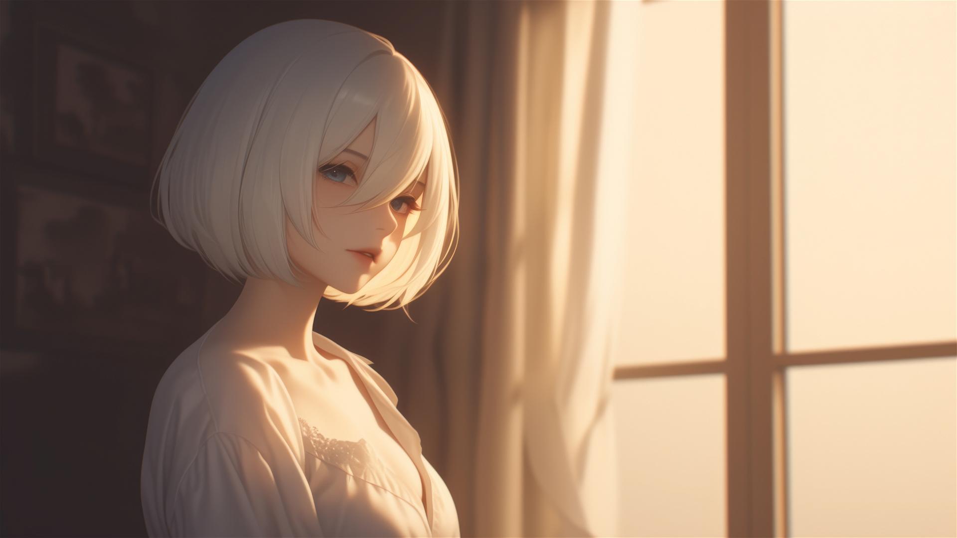 2B from Nier in white silk pajamas by a sunlit window