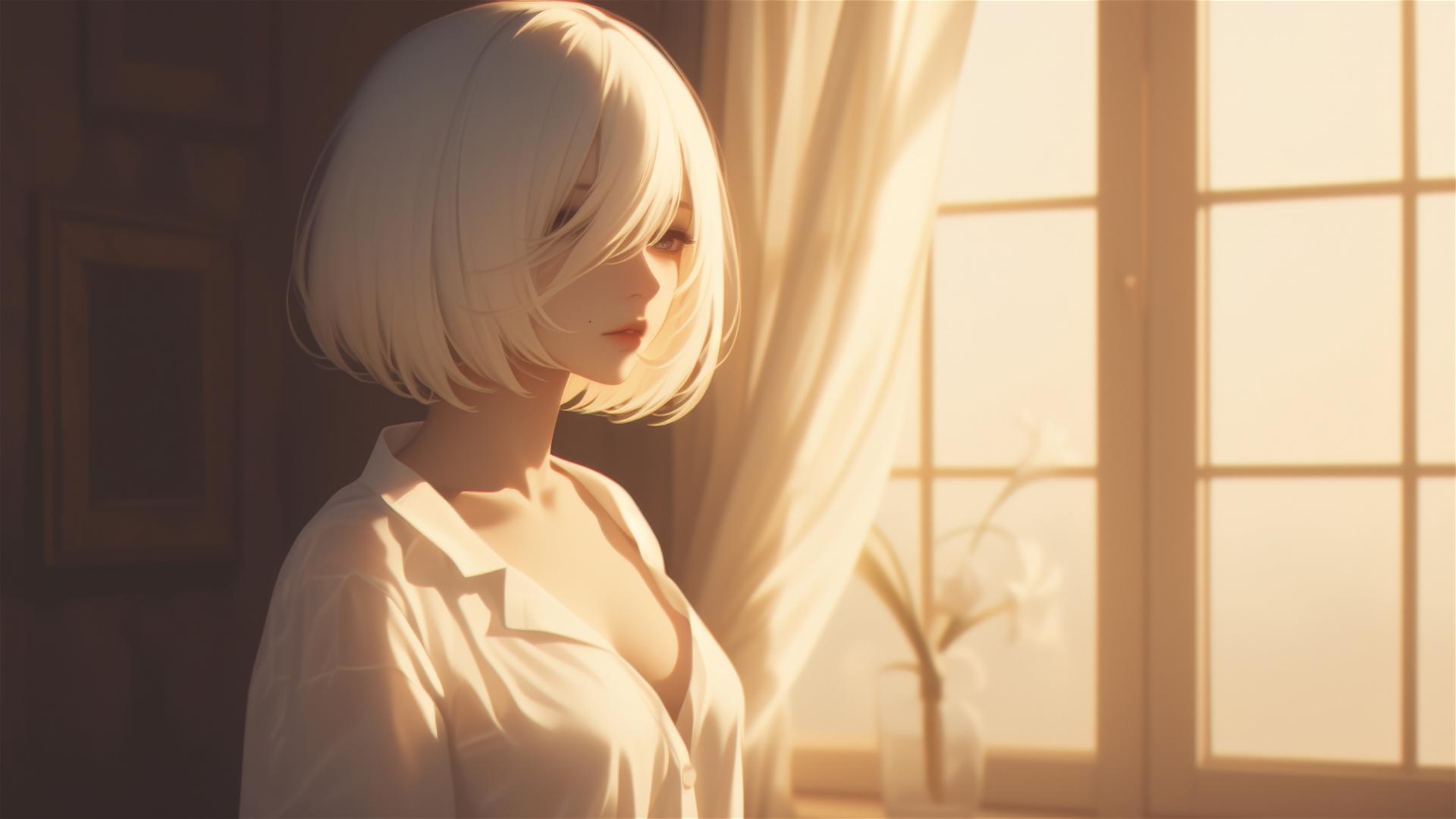 2B from Nier in silk pajamas by a window, sunrise glow