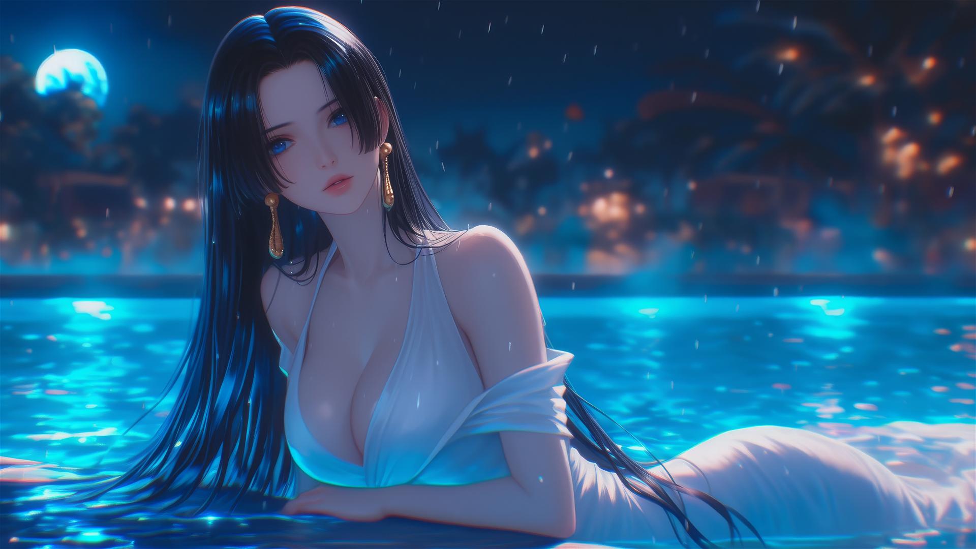Boa Hancock from One Piece resting by a rainy pool with moonlight.