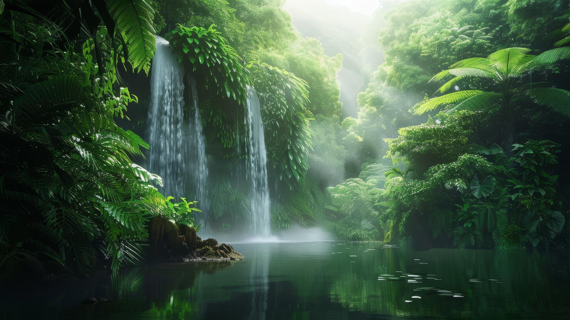 Hidden waterfall cascading into a clear pool in a lush green rainforest surrounded by mist