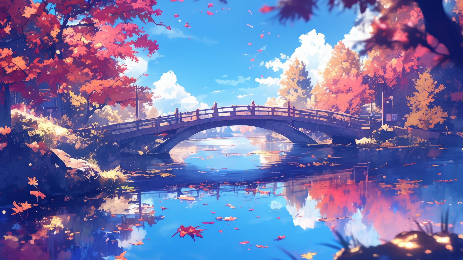 Peaceful autumn river with fiery foliage reflecting on smooth water