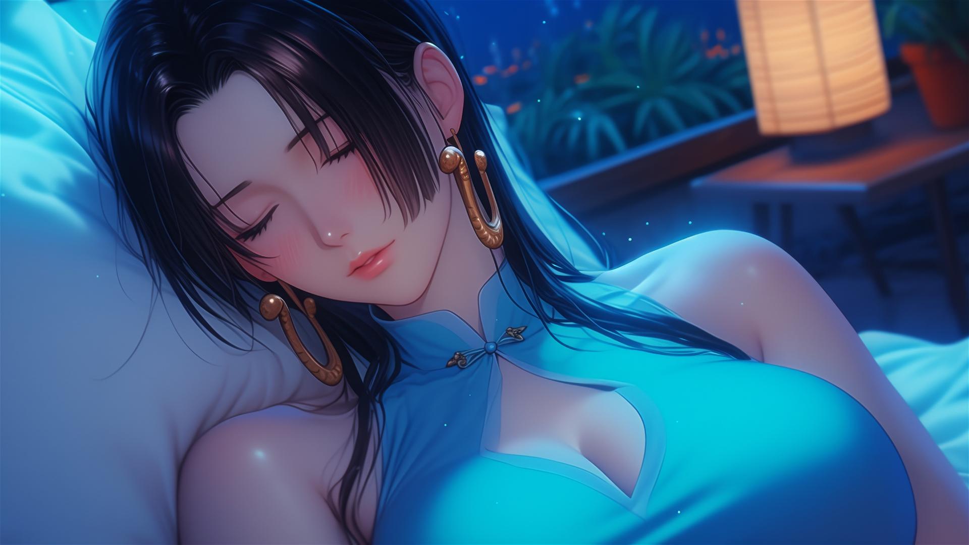 Boa Hancock resting in an apartment under moonlight with short hair