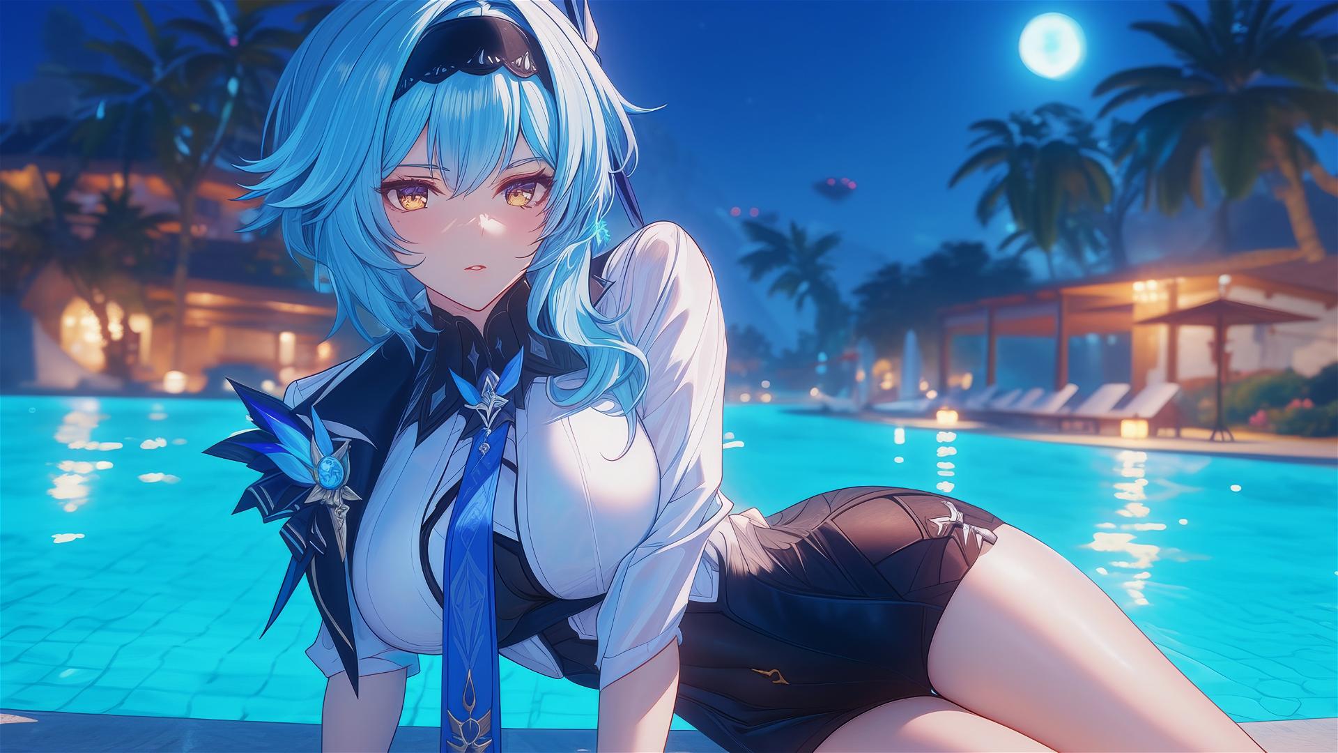 Eula Lawrence from Genshin Impact relaxing by a swimming pool under moonlight