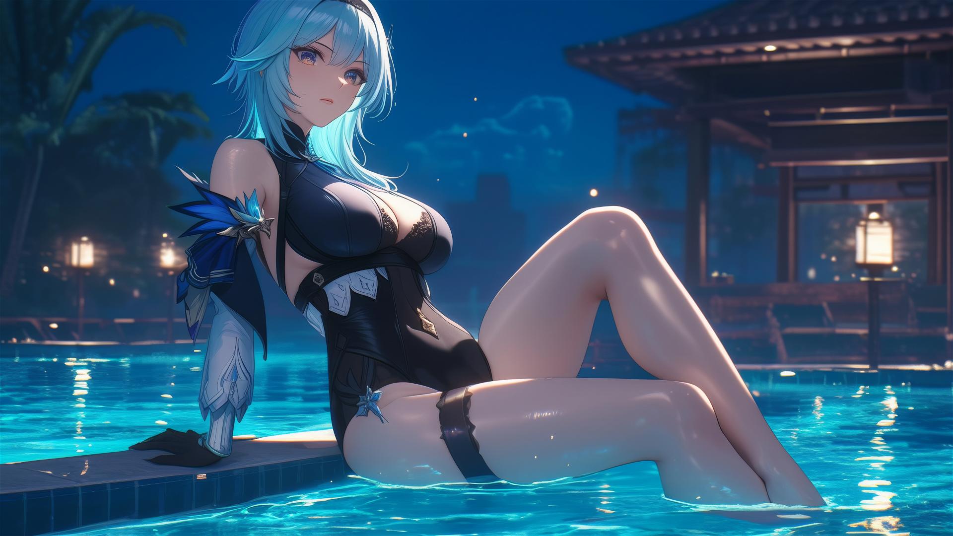 Eula Lawrence from Genshin Impact resting by a moonlit swimming pool.
