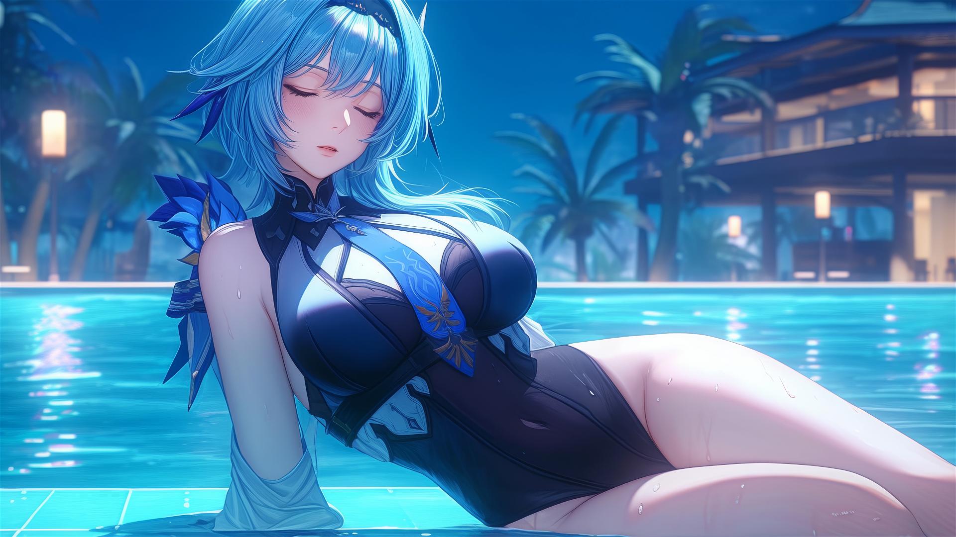 Eula Lawrence from Genshin Impact resting by a moonlit swimming pool with blue hair.
