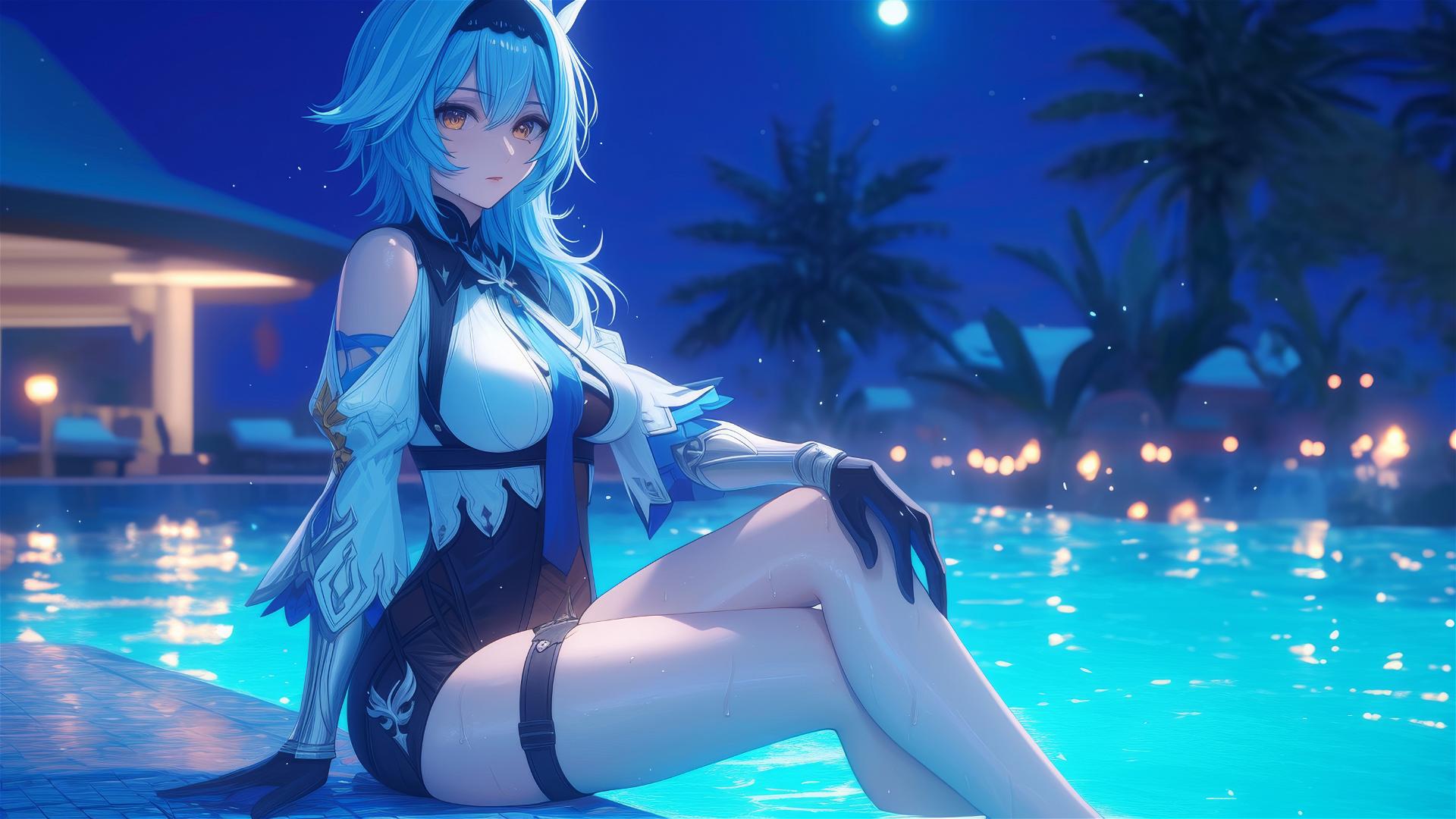 Eula Lawrence from Genshin Impact rests by a swimming pool under moonlight