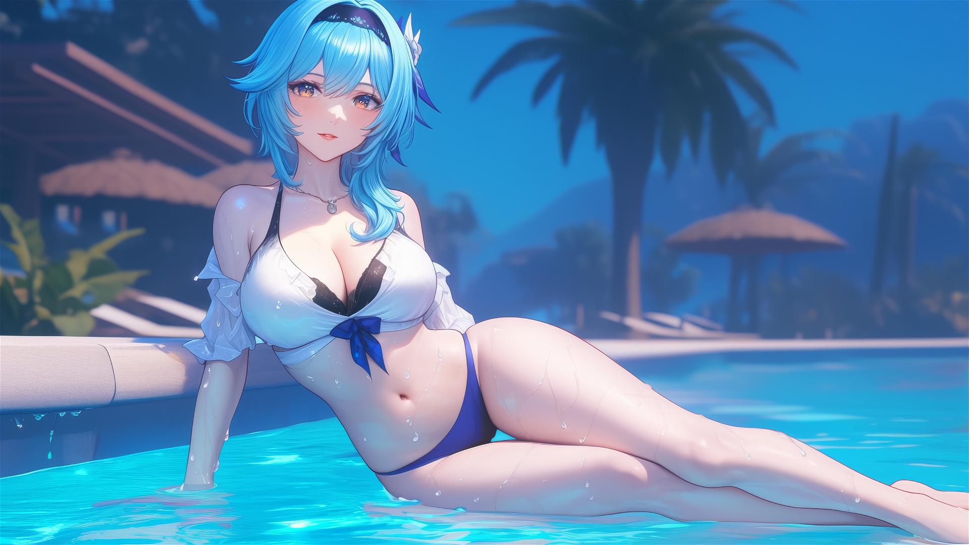 Eula Lawrence resting by pool under moonlight
