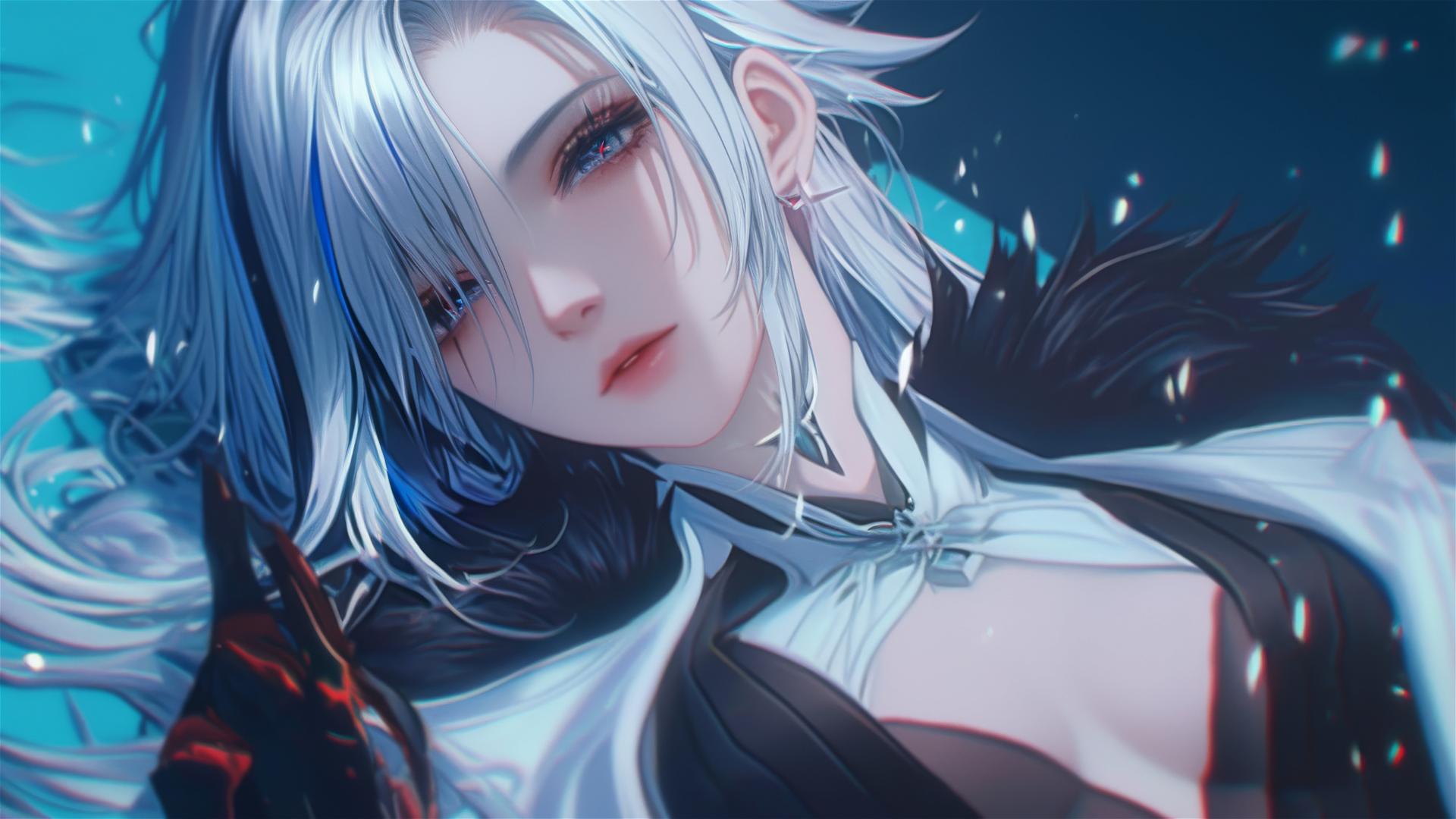 Arlecchino from Genshin Impact with snow white hair and black streaks, black irises, red x-shaped pupils, resting in modern hotel room with moonlight.