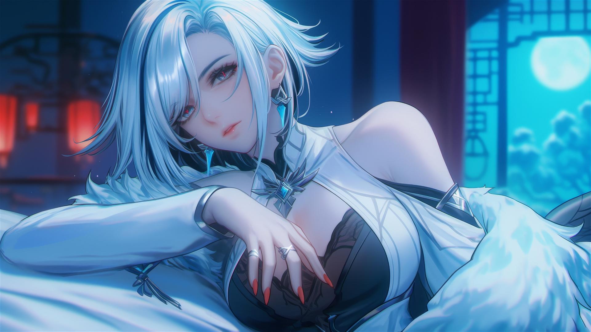 Arlecchino with snow white hair and black streaks, resting in a modern hotel room with moonlight glow