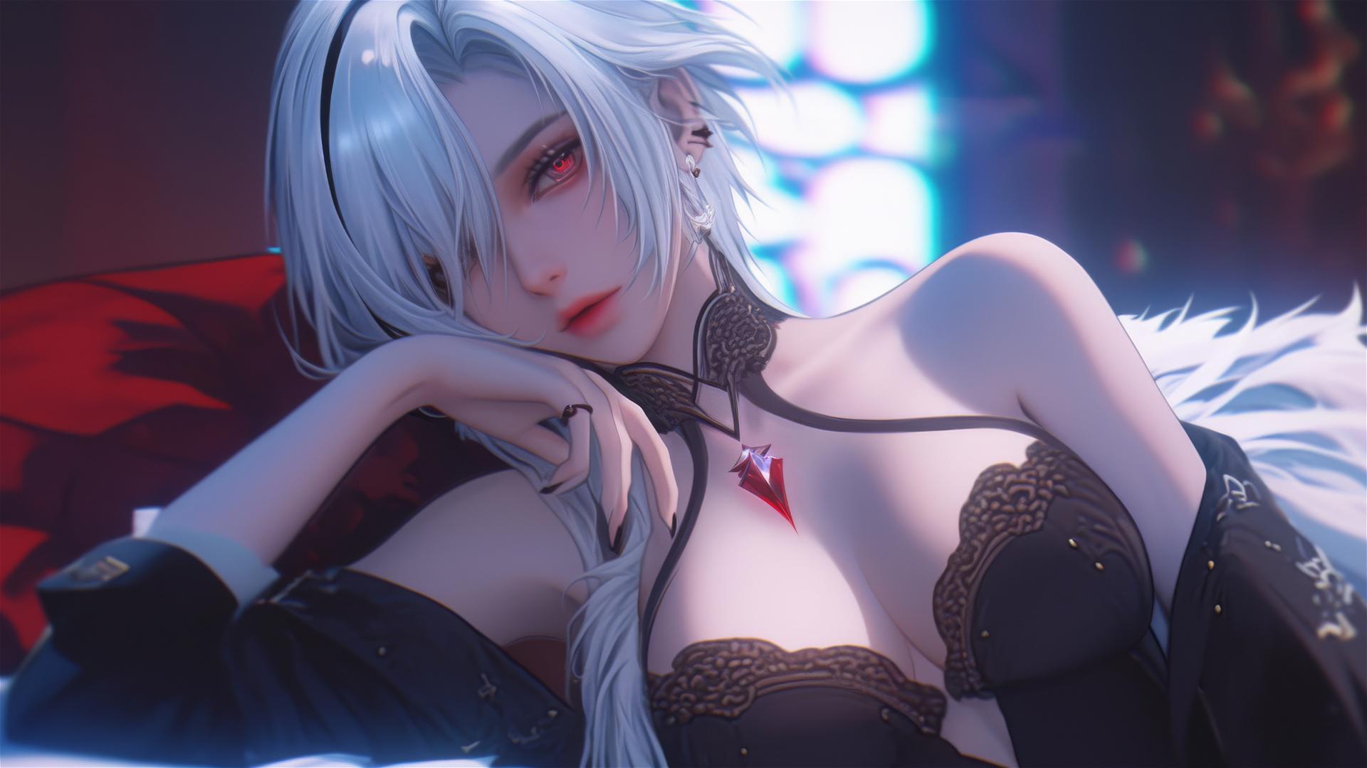Arlecchino from Genshin Impact with snow white hair and black streaks, resting in a hotel with moonlight glow