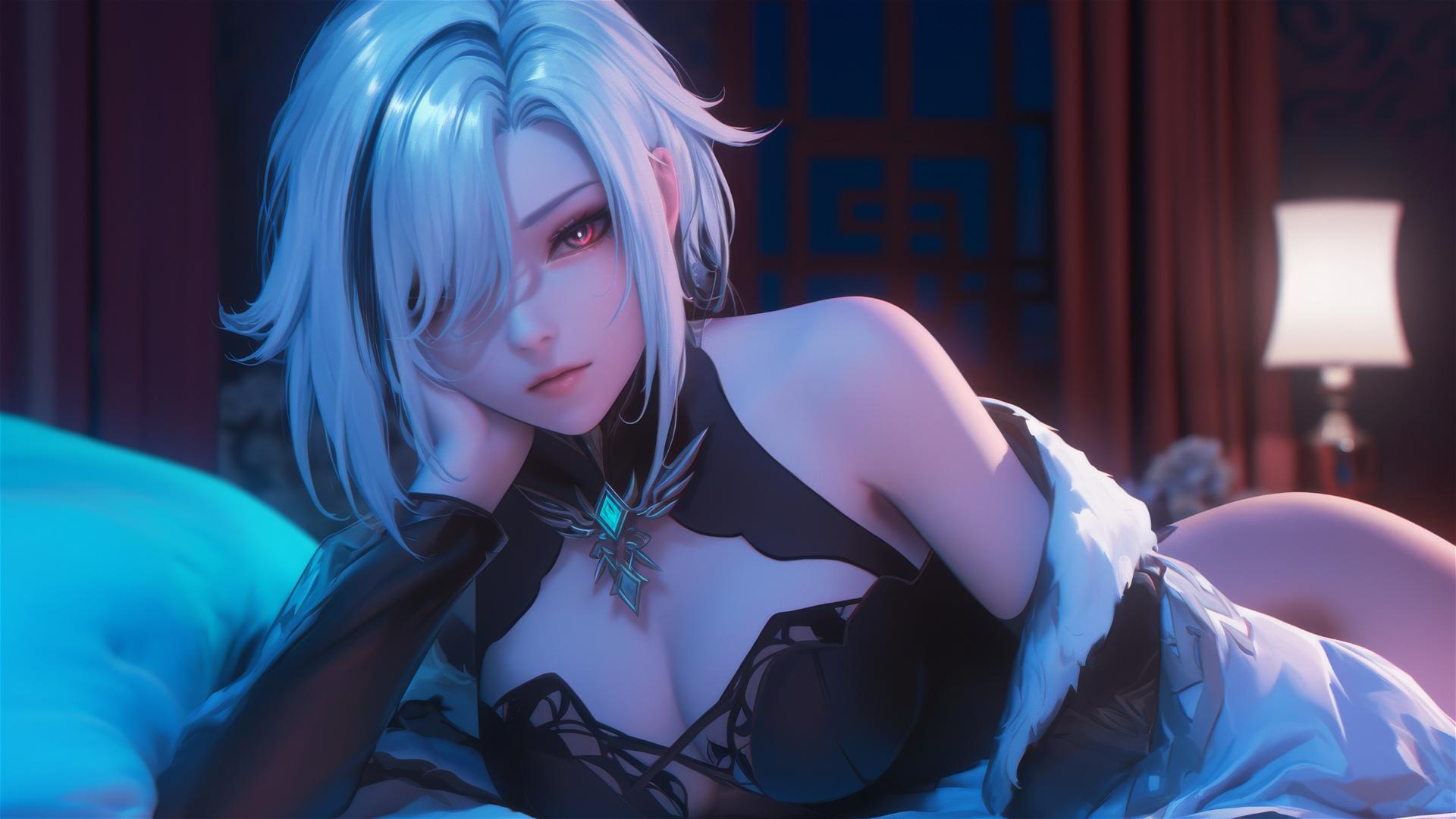 Arlecchino from Genshin Impact with snow white hair and black streaks, resting in a modern hotel room under moonlight.