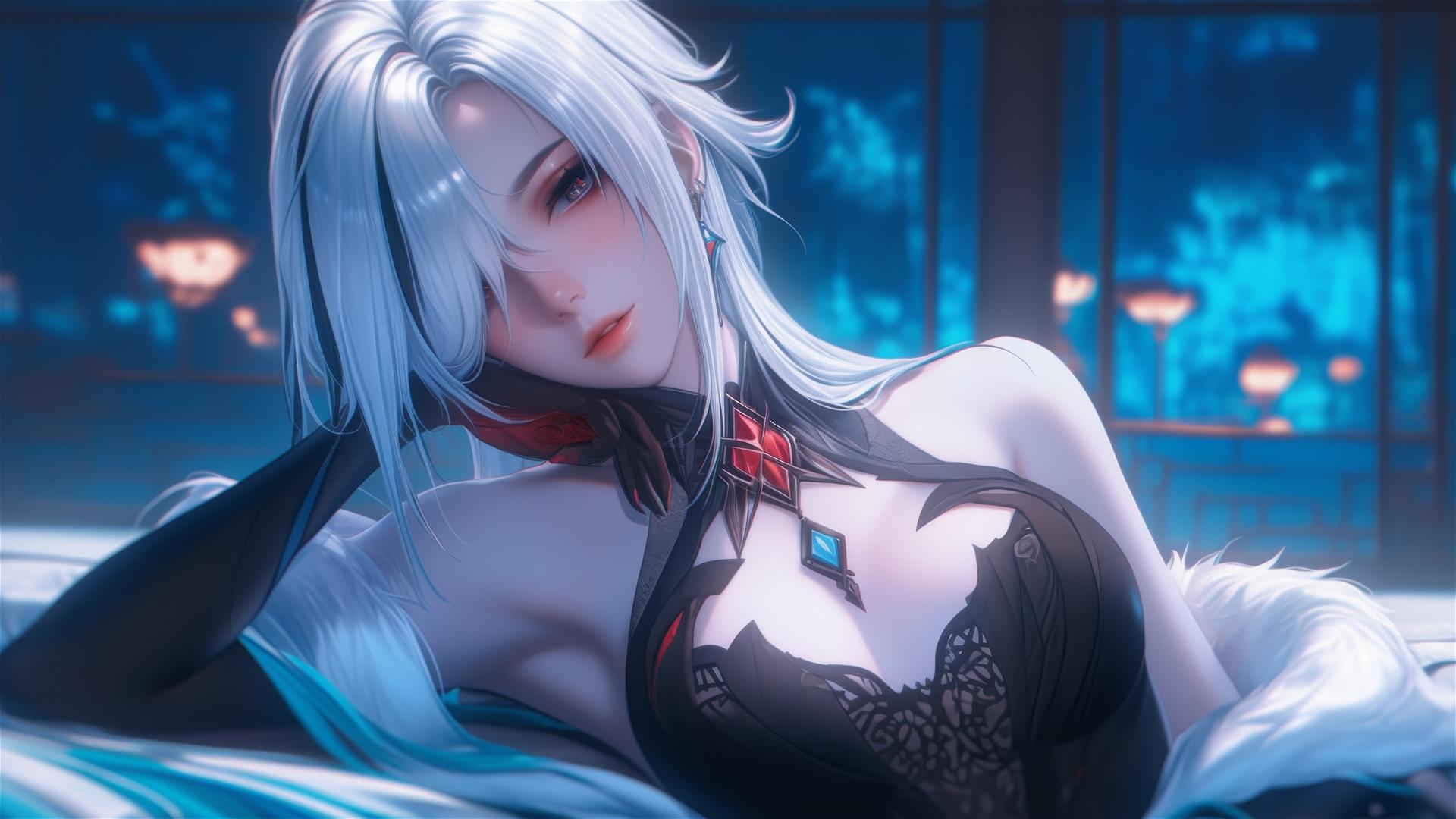 Arlecchino with snow white hair and red 'x'-shaped pupils resting in a modern hotel room under moonlight