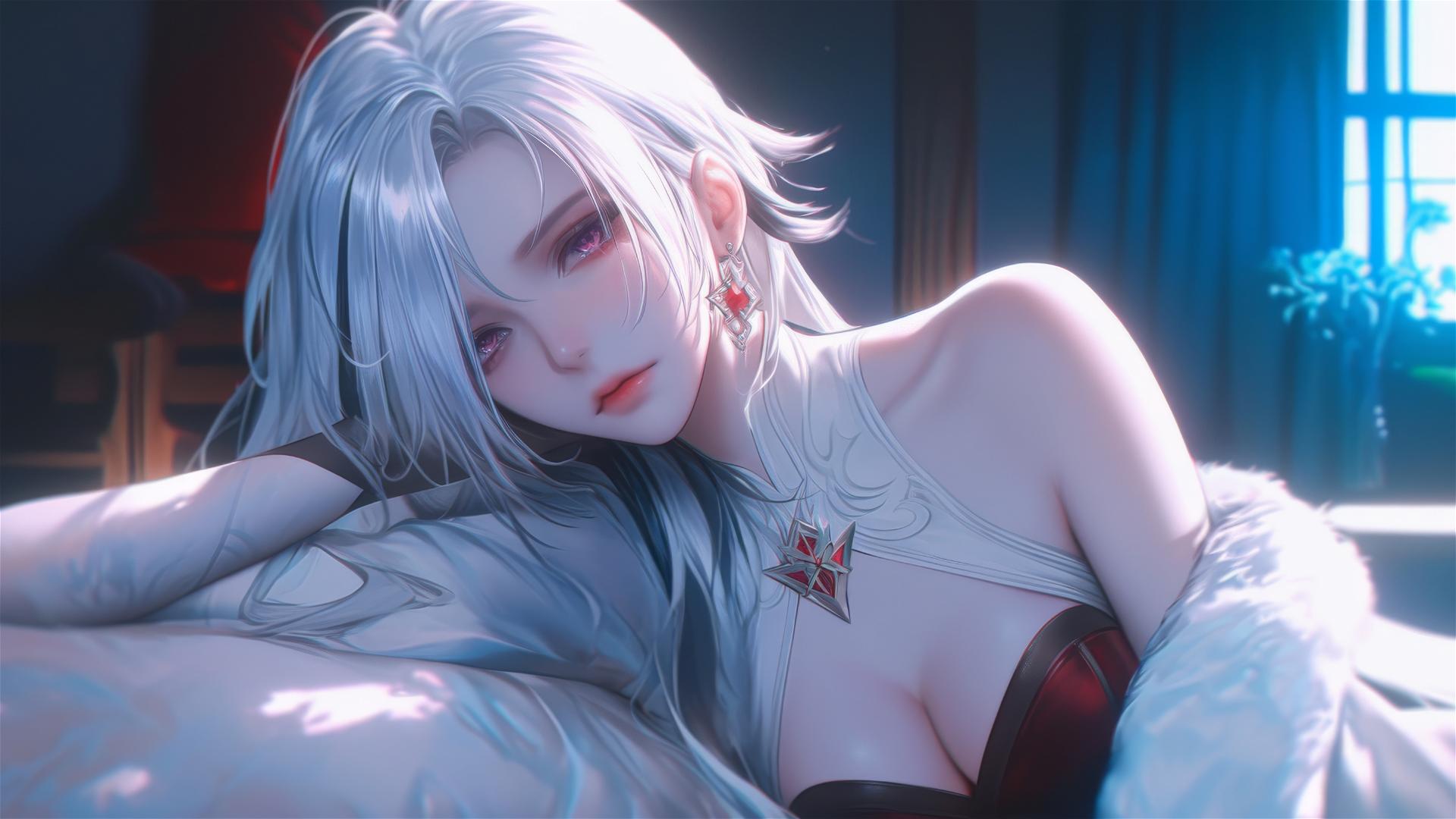 Arlecchino from Genshin Impact with snow white hair, black streaks, and red 'x'-shaped pupils, resting in a moonlit modern hotel room.