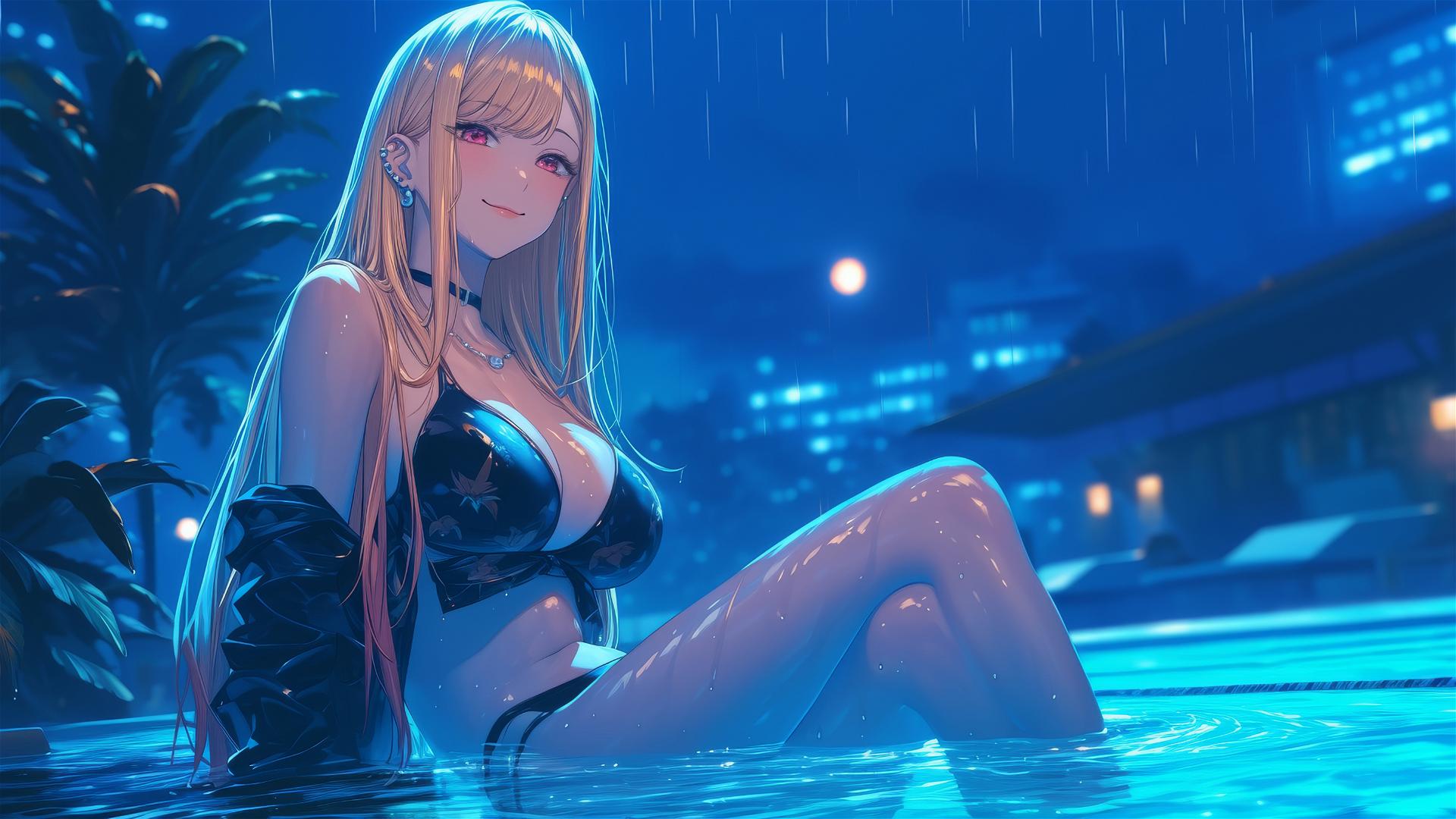 Marin Kitagawa sitting at a rainy pool, illuminated by moonlight