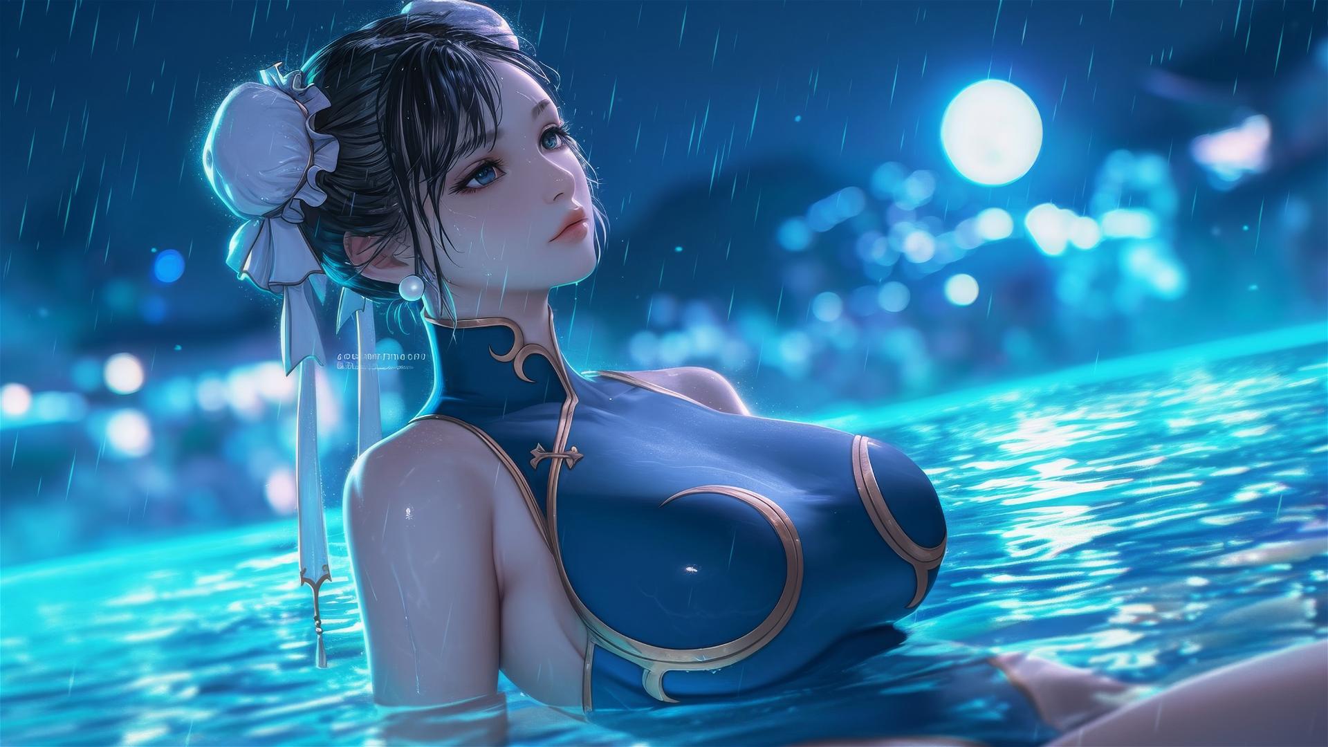 Chun Li from Street Fighter stands in a rainy swimming pool under moonlight