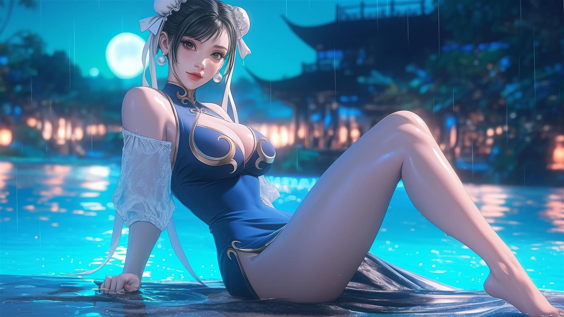 Chun Li resting at a rainy swimming pool under moonlight