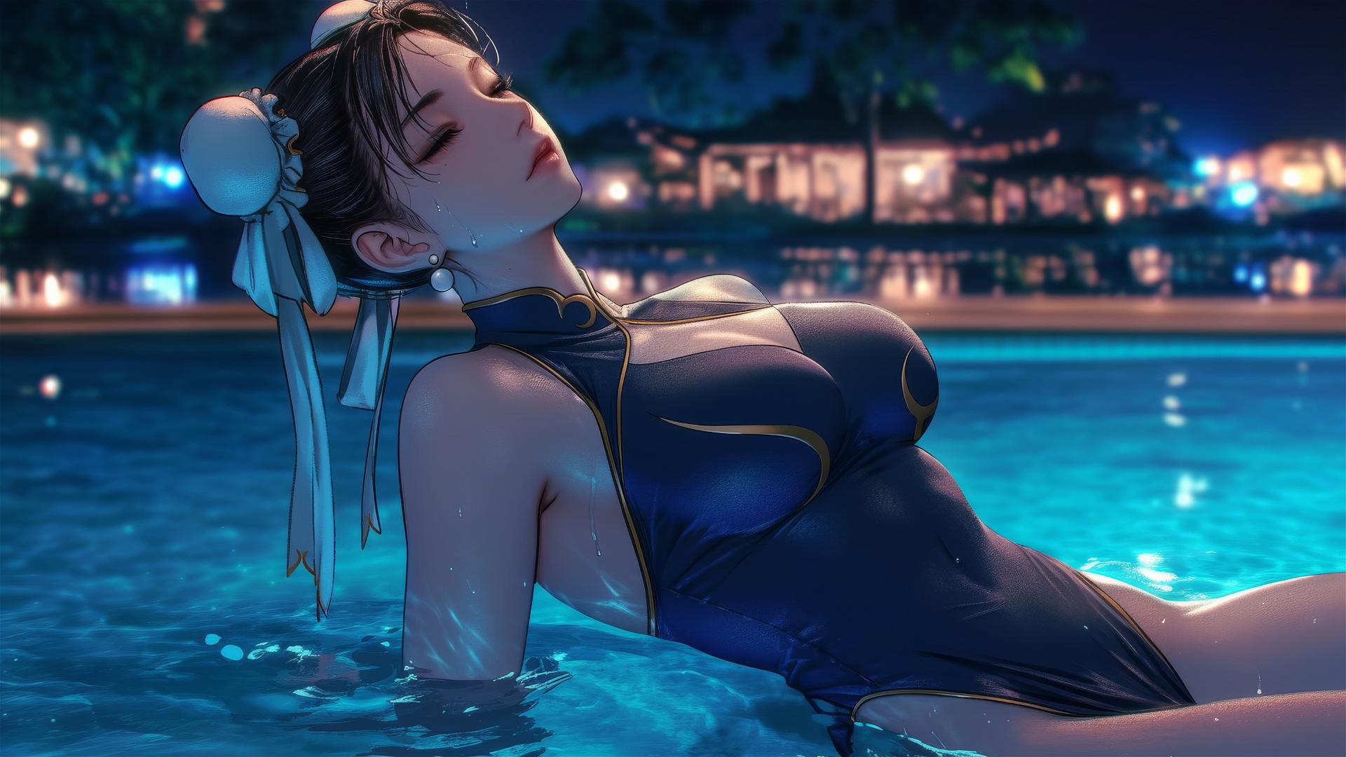 Chun Li resting at a rainy swimming pool under moonlight