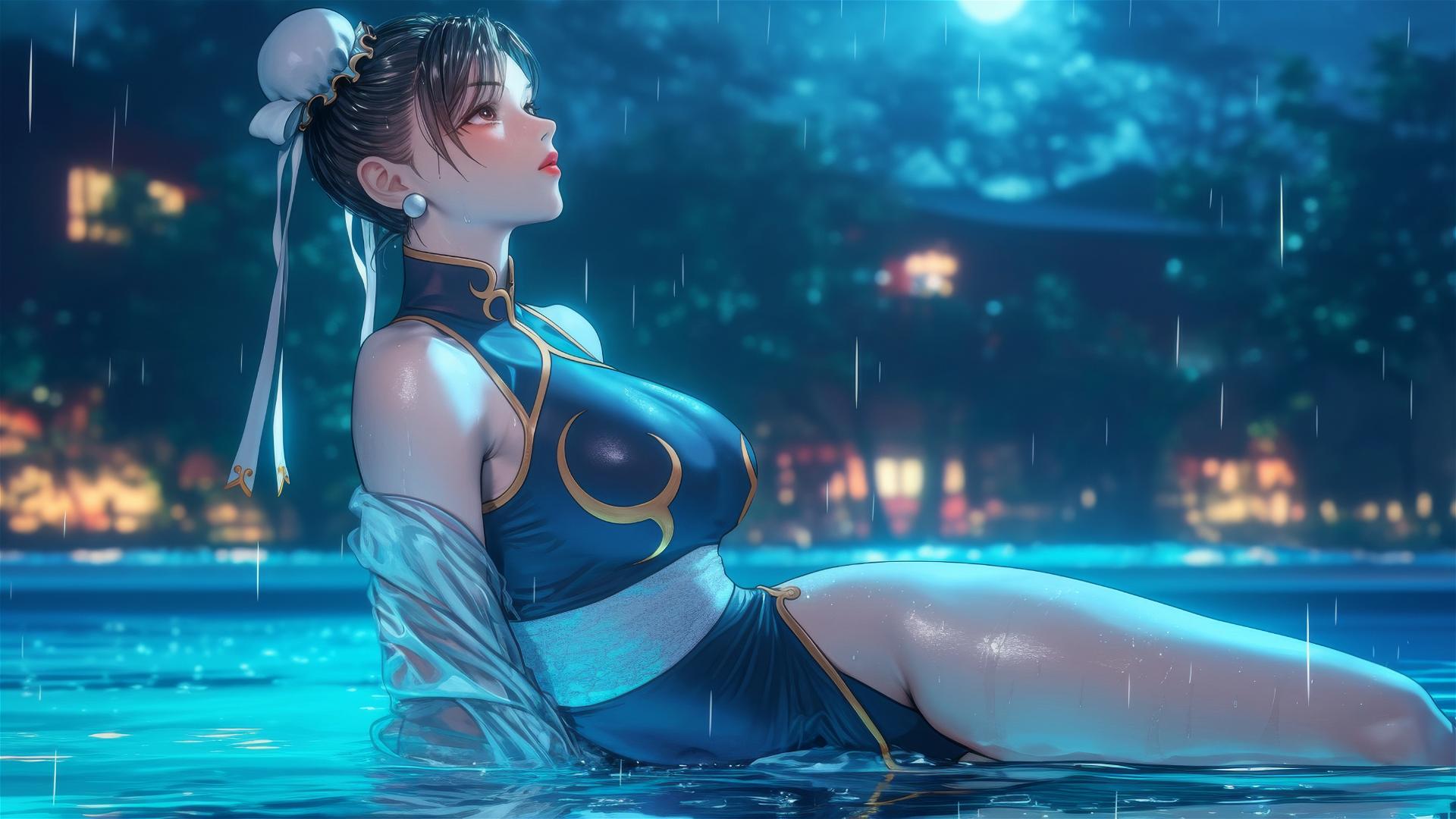 Chun Li from Street Fighter resting by a rainy pool under moonlight