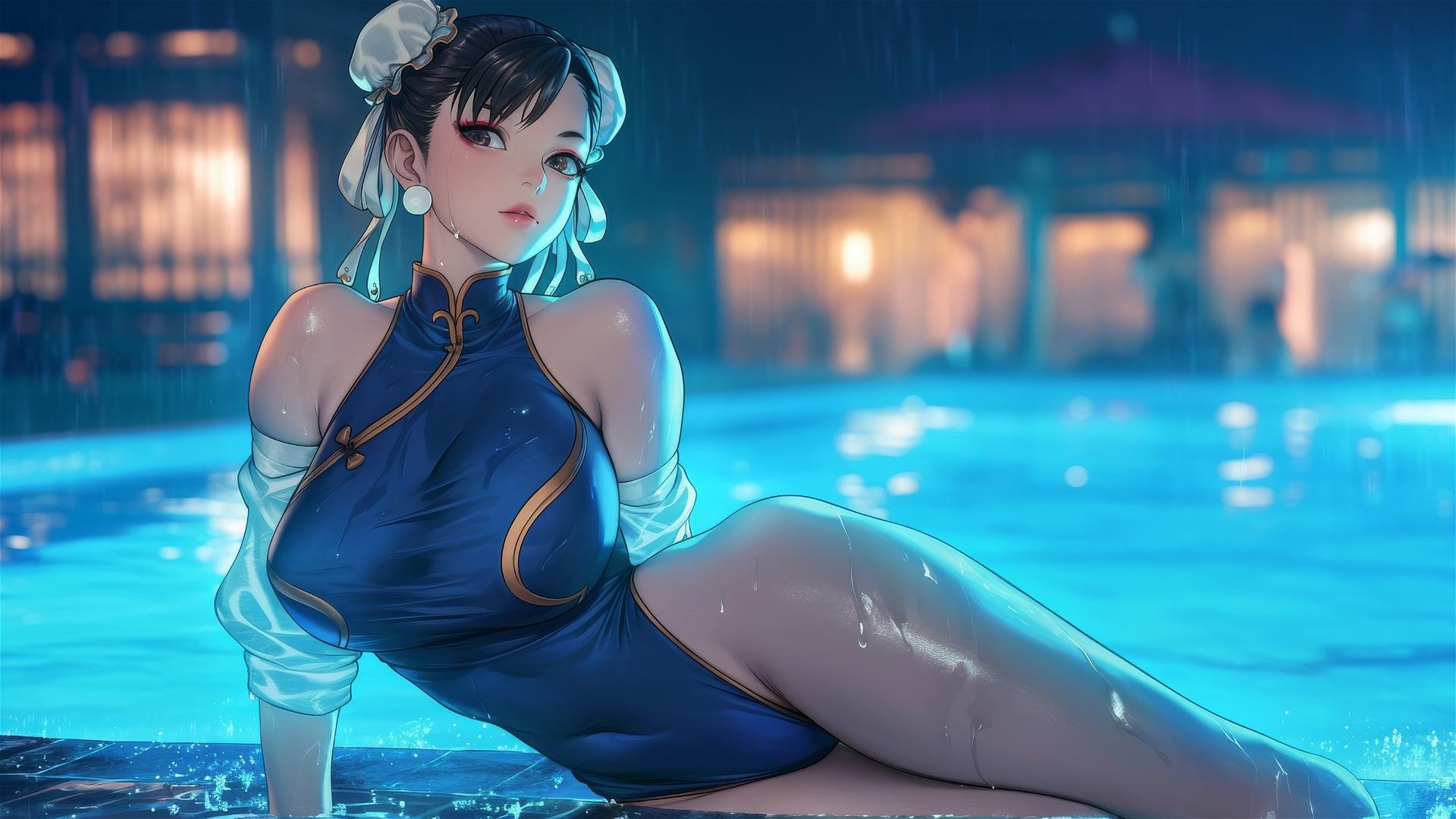 Chun Li resting at rainy swimming pool with moonlight glow
