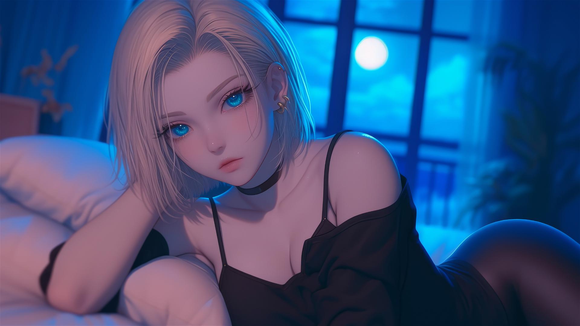 Android 18 resting in a modern hotel room with moonlight glow