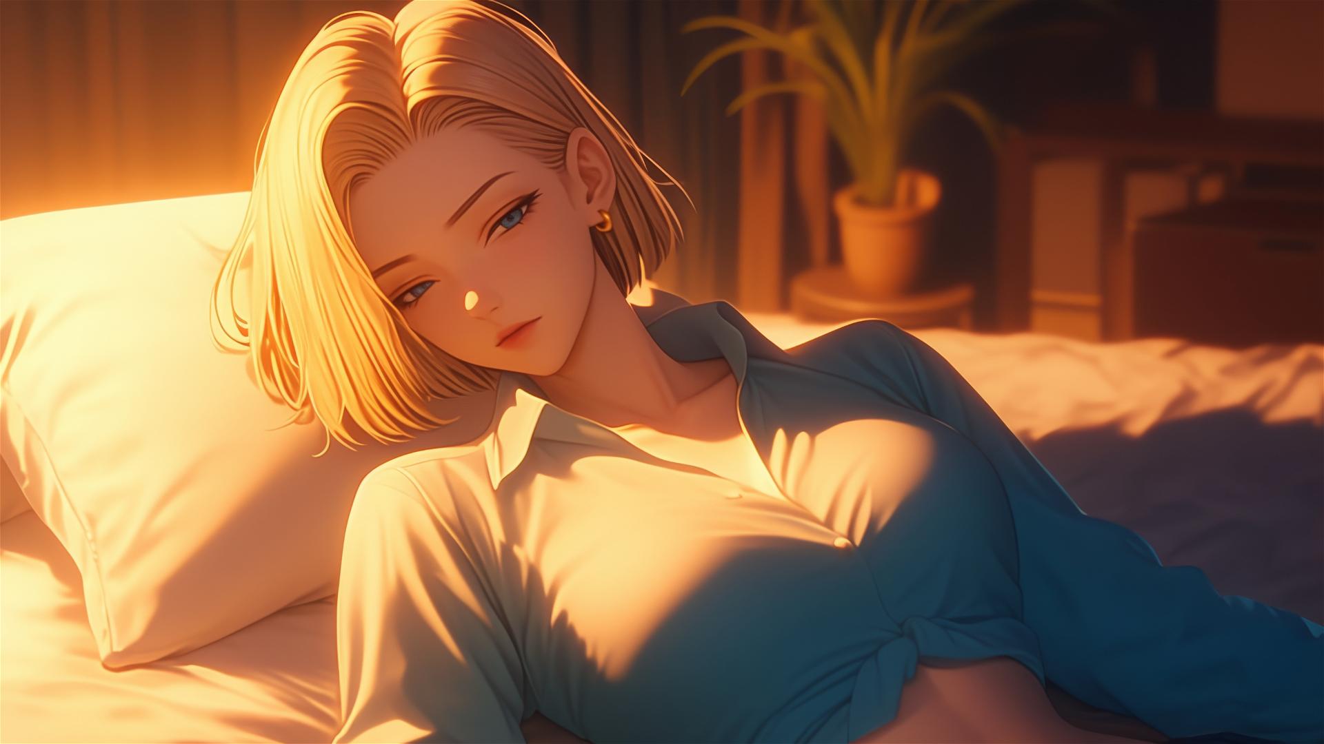Android 18 resting in a modern hotel room with moonlight.
