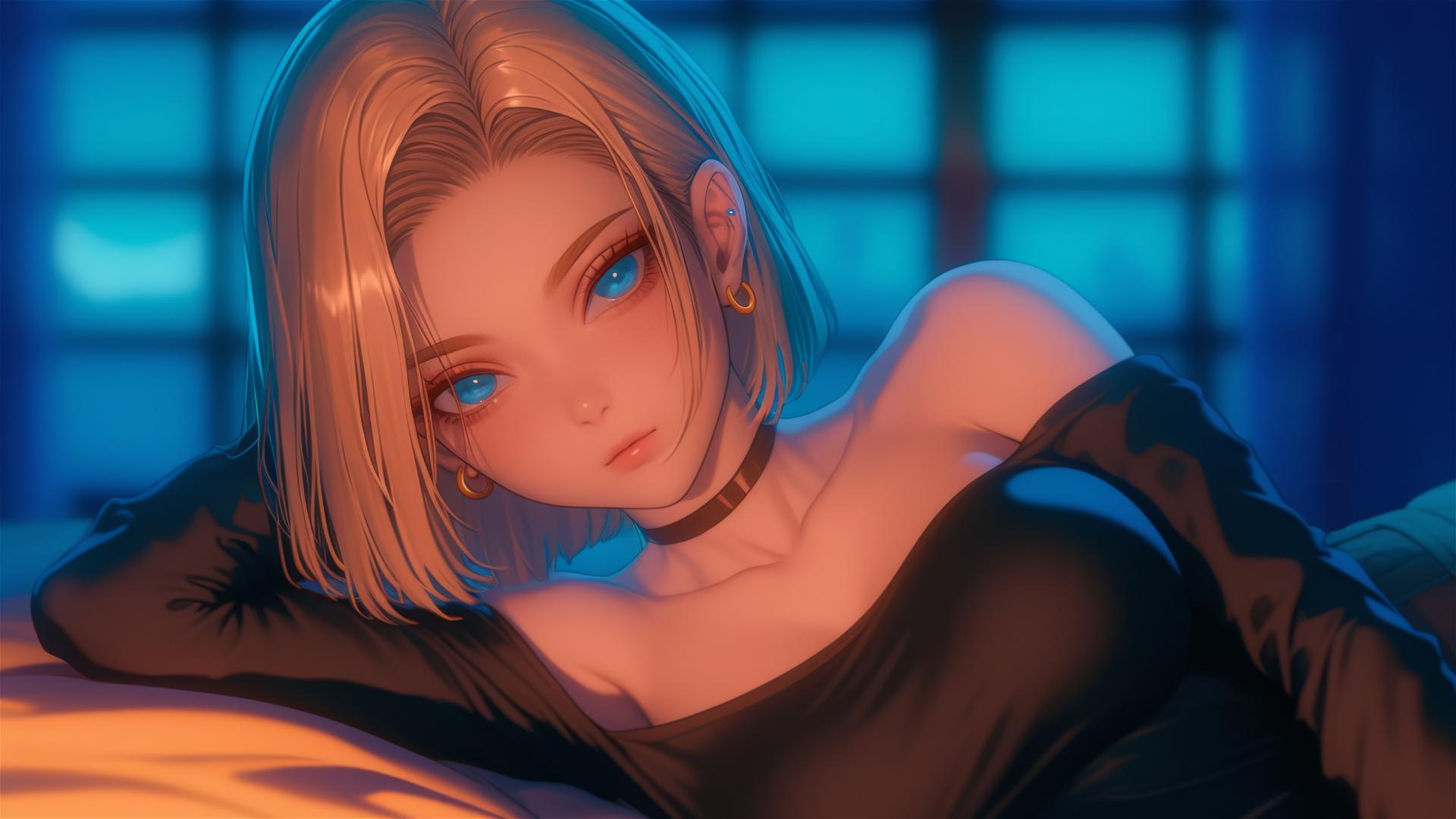 Android 18 relaxing in a modern hotel room with moonlight glow