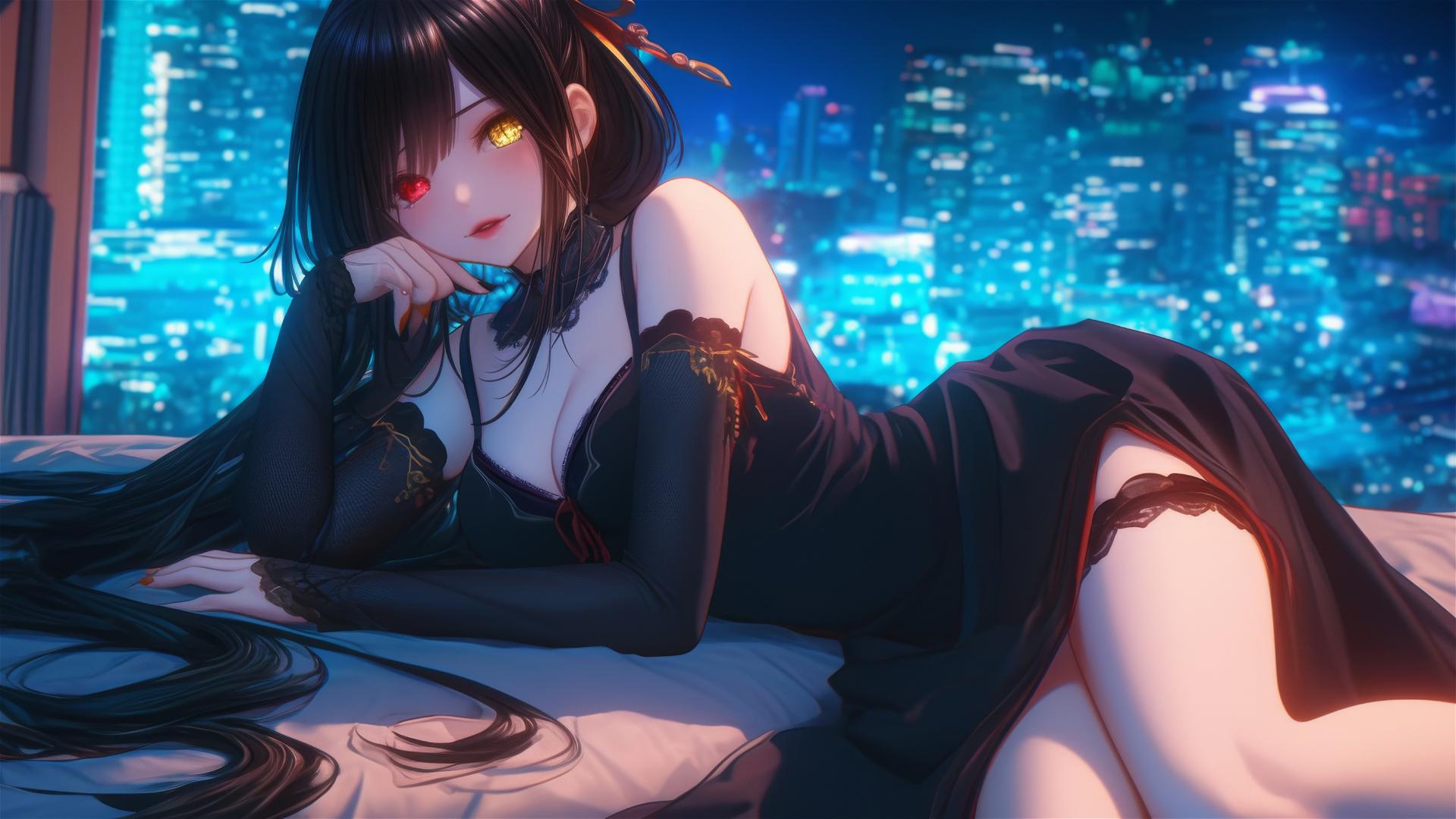 Kurumi Tokisaki resting in a modern hotel room with moonlight casting a soft glow, red and yellow eyes.