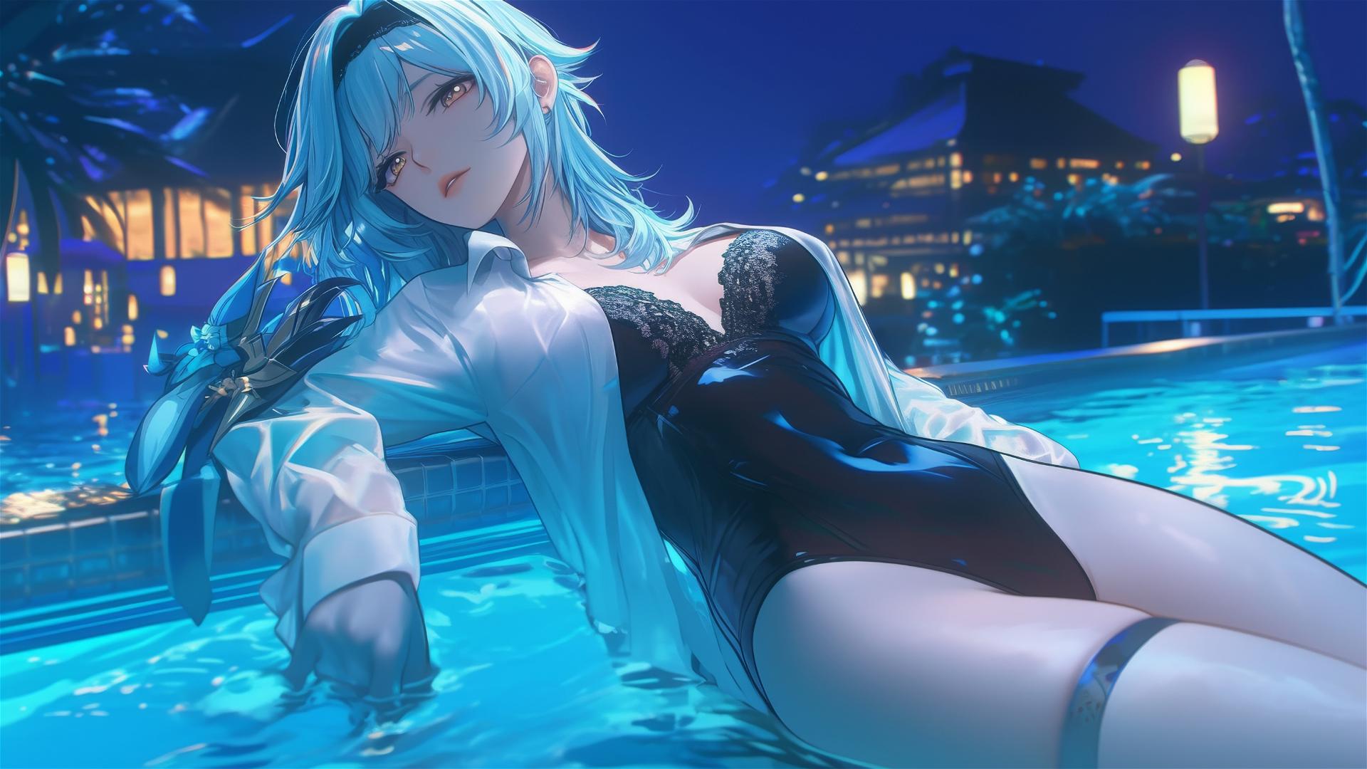 Eula Lawrence in white office shirt resting at rainy pool, moonlight, light blue hair