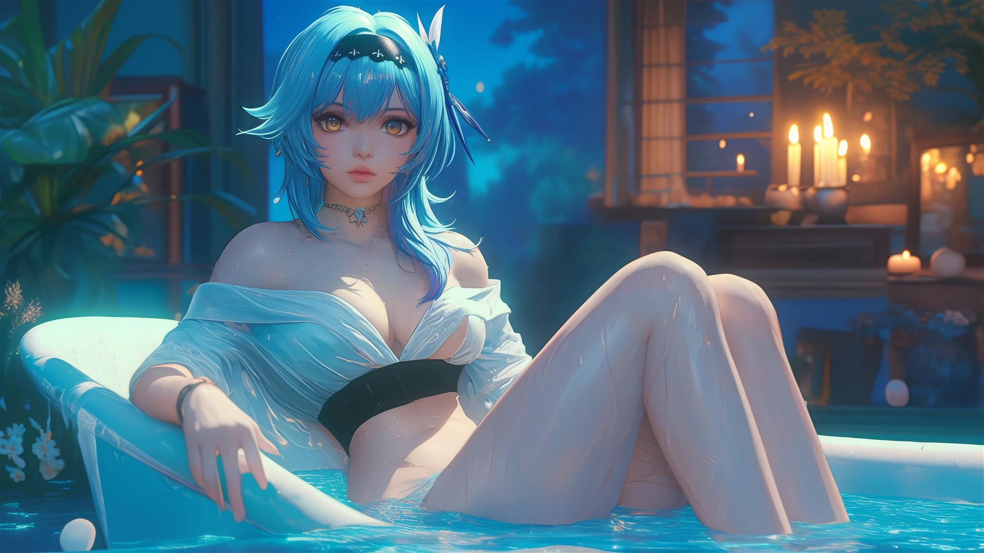 Eula Lawrence from Genshin Impact resting in a tub under moonlight with light blue hair