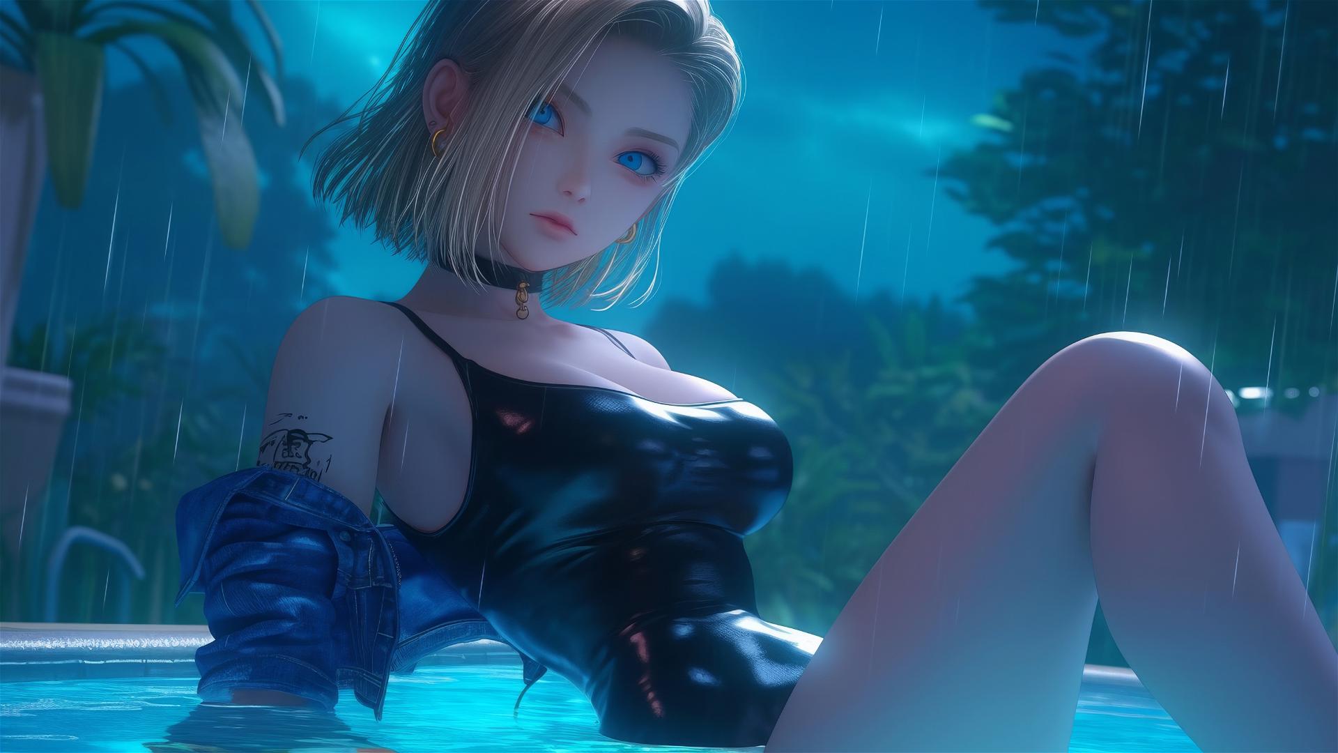 Android 18 resting by a rainy swimming pool under moonlight