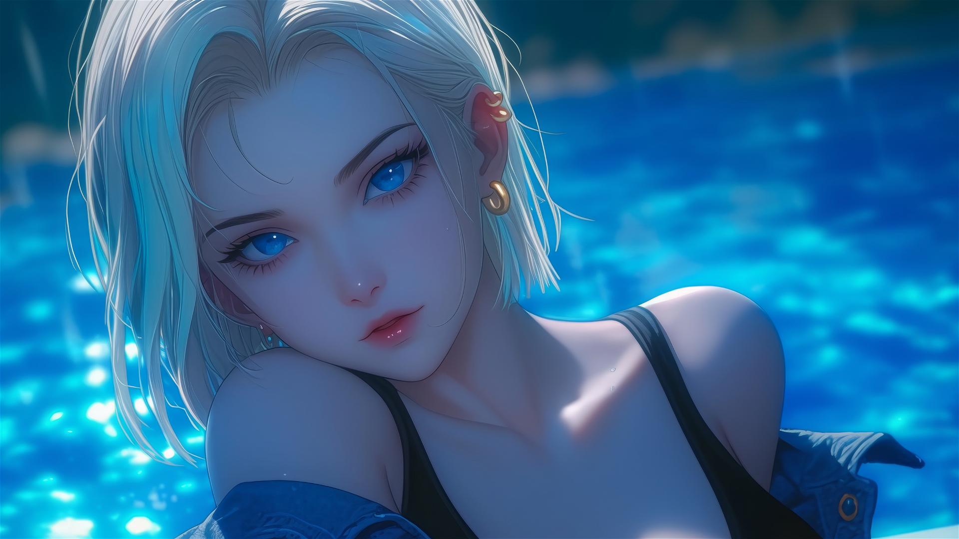 Android 18 from Dragon Ball resting by a rainy swimming pool in moonlight.
